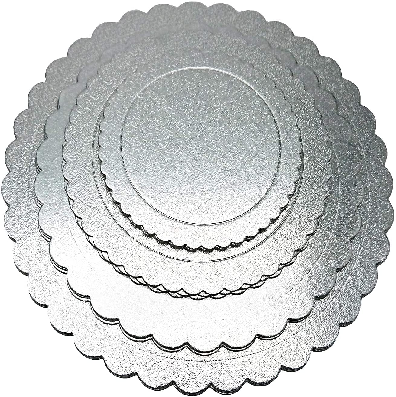 Goiio 4-Pack Scalloped Cake Boards - 6, 8, 10 & 12 Inch Round Cardboard Cake Circles for Baking, Decorating & Serving (Silver) - Perfect for Birthday Cakes, Wedding Desserts & Professional Pastry Displays