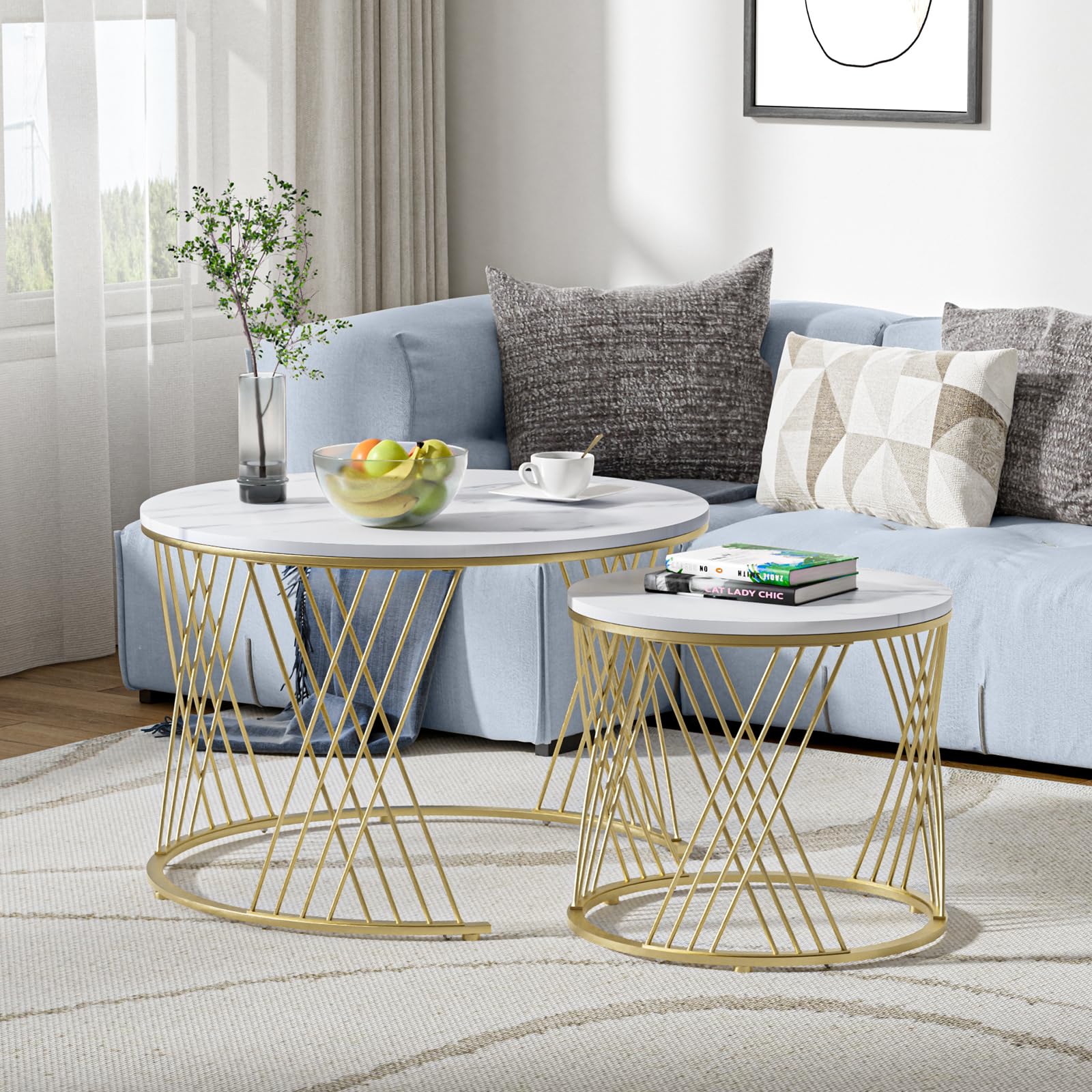 Giluta Round Coffee Table Set of 2 - Modern Faux Marble Nesting Tables for Living Room, Bedroom & Office - Stylish Center Table & Nightstand for Small Spaces