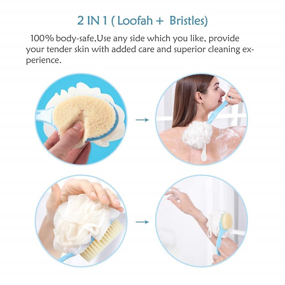 DIYASHI® 2-in-1 Back Bath Brush with Bristles & Loofah Scrubber - Long Curved Handle for Exfoliating & Massage - Multi Color - Perfect for Shower, Spa & Deep Cleaning