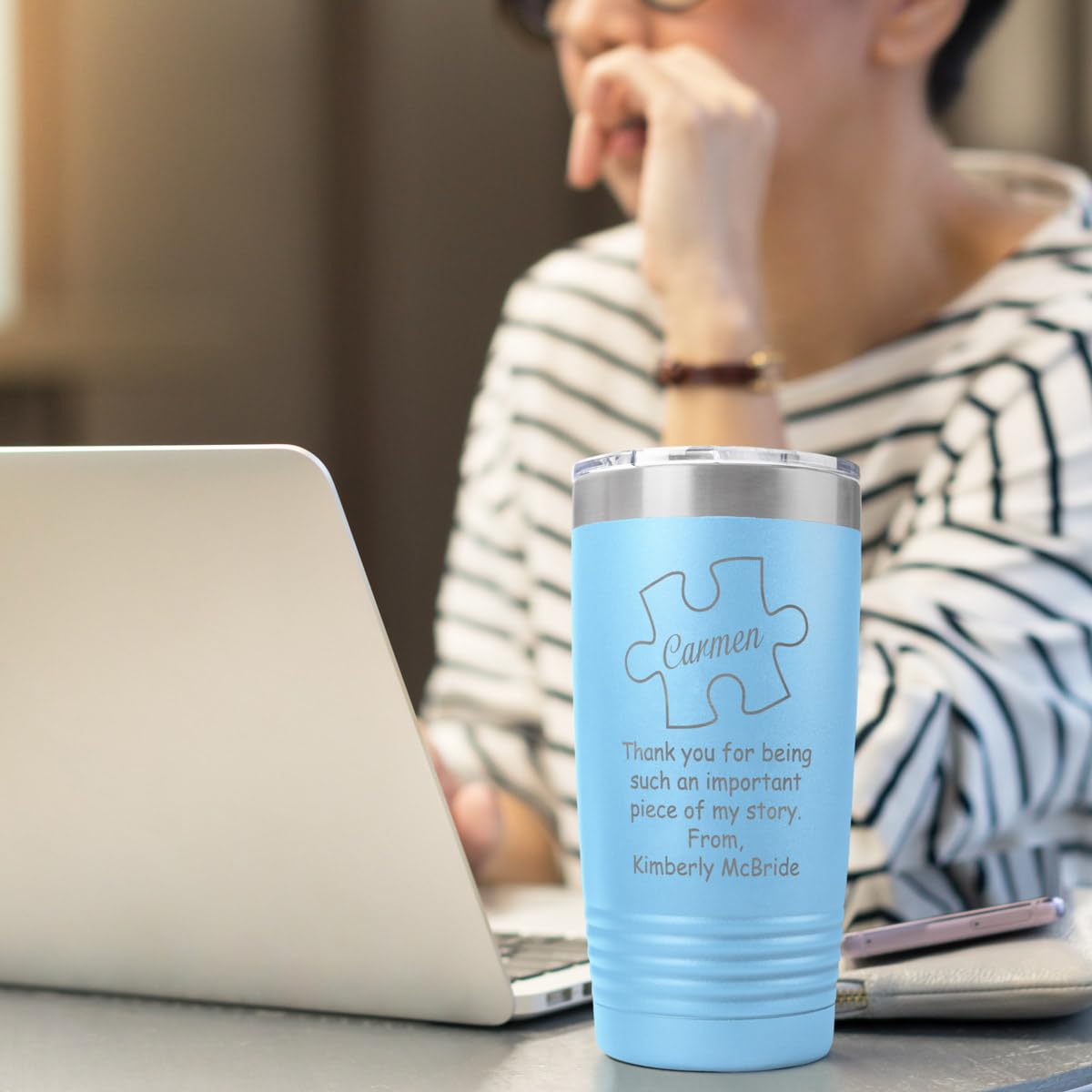 Personalized 'Thank You For Being A Piece of My Story' 20oz Insulated Travel Tumbler with Lid - Sky Blue Custom Coffee Tea Mug - Perfect Gift for Teachers, Mentors, Leaders - Great for Office, School & Daily Commute
