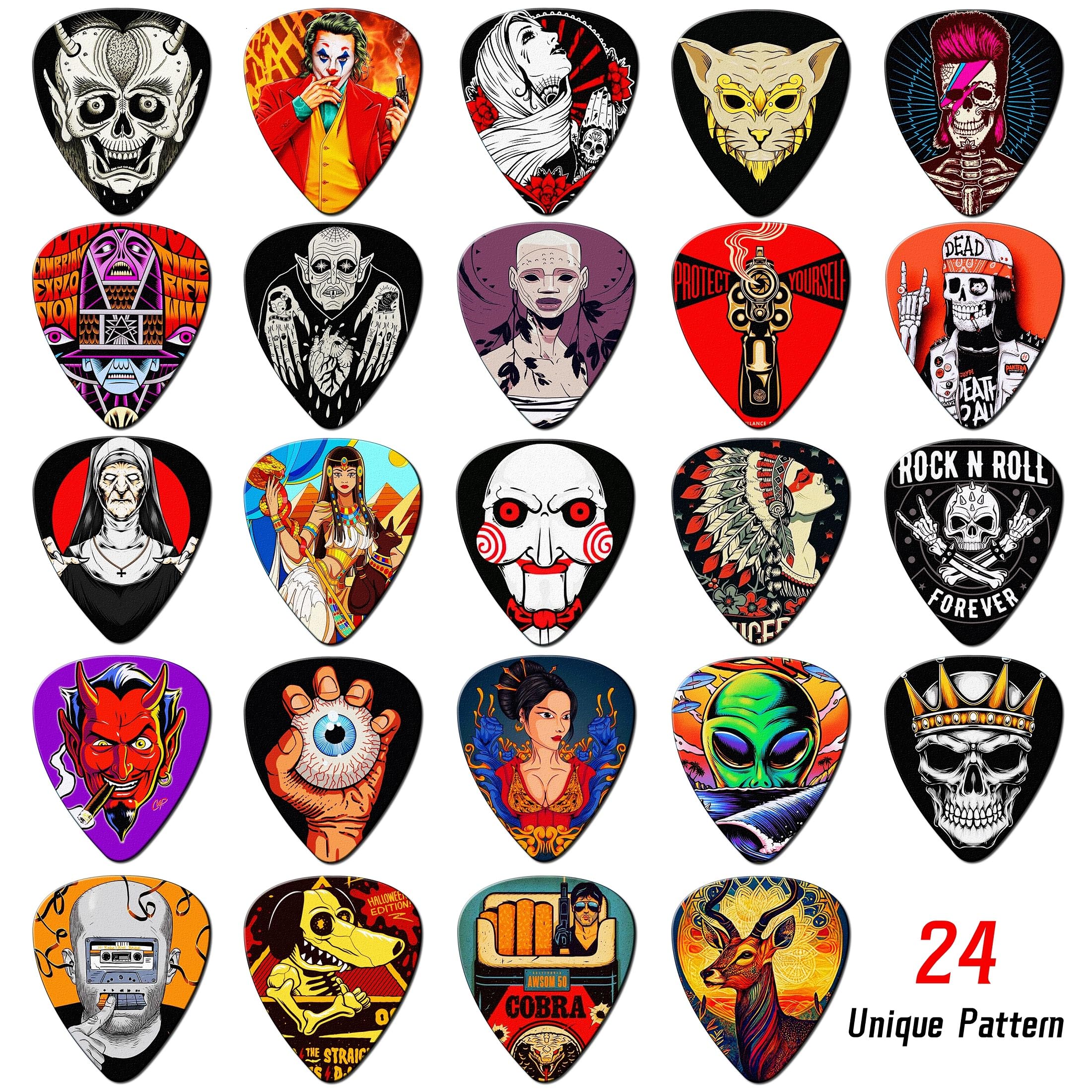 **24-Pack Guitar Picks Variety Set - Thin, Medium, Heavy (0.46mm, 0.71mm, 0.96mm, 1.20mm) with Tin Box - Perfect for Acoustic, Electric Guitar, Bass & Ukulele - Ideal for Beginners & Professionals**