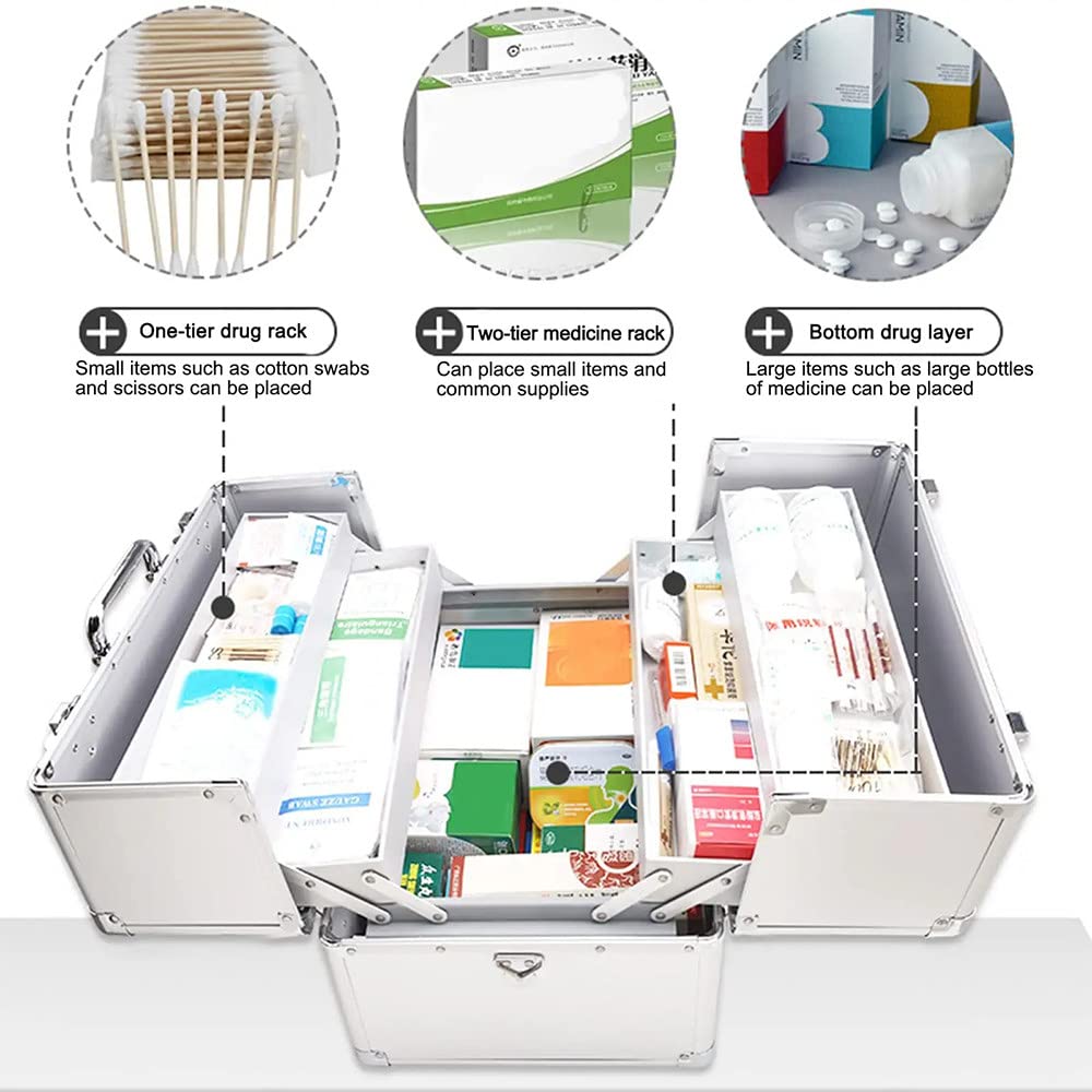 Lockable First Aid Kit Box with Security Key & Portable Handle - 2/3 Tier Medicine Storage Organizer for Prescription Drugs (Silver) | Perfect for Home, Office, Travel & Emergency Preparedness