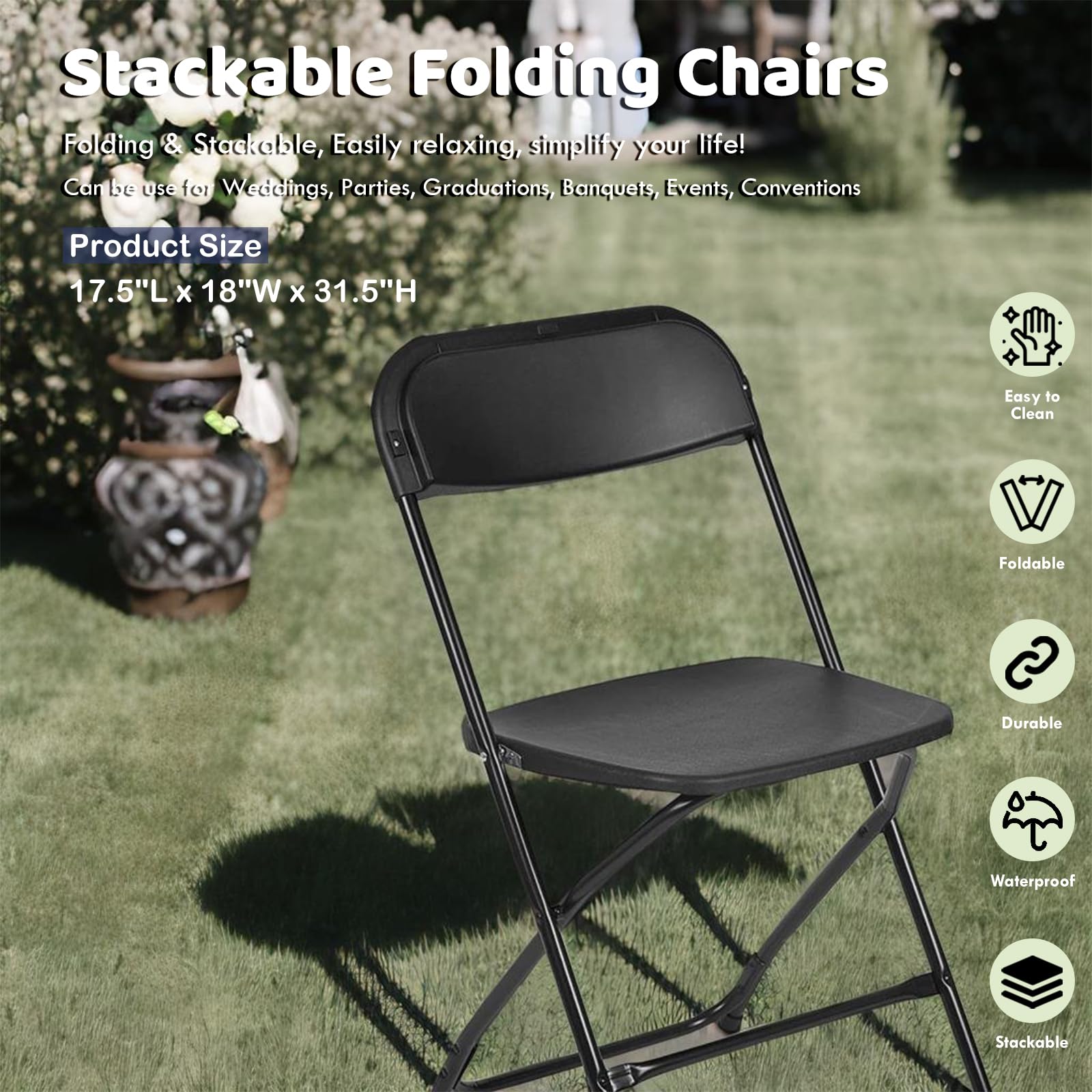 AJP Distributors 10-Pack Folding Chairs - Heavy Duty 650 lb Capacity, Stackable & Portable Event Chairs with Back Support for Indoor/Outdoor Use - Perfect for Weddings, Parties, Office Meetings, Picnics, Patio Dining & Garden Gatherings (Black)