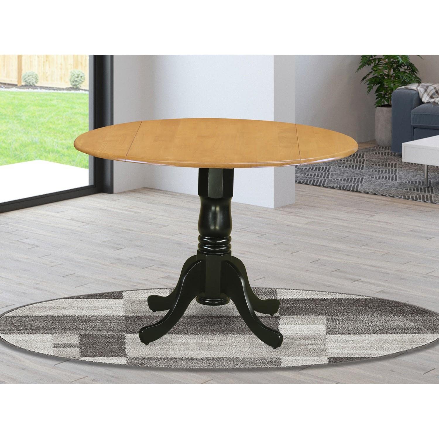 East West Furniture DLT-OBK-TP Dublin 42 Inch Round Kitchen Table with Drop Leaf & Pedestal Base - Solid Oak & Black Finish Dining Table for Small Spaces, Breakfast Nook, Apartment, or Cozy Kitchen