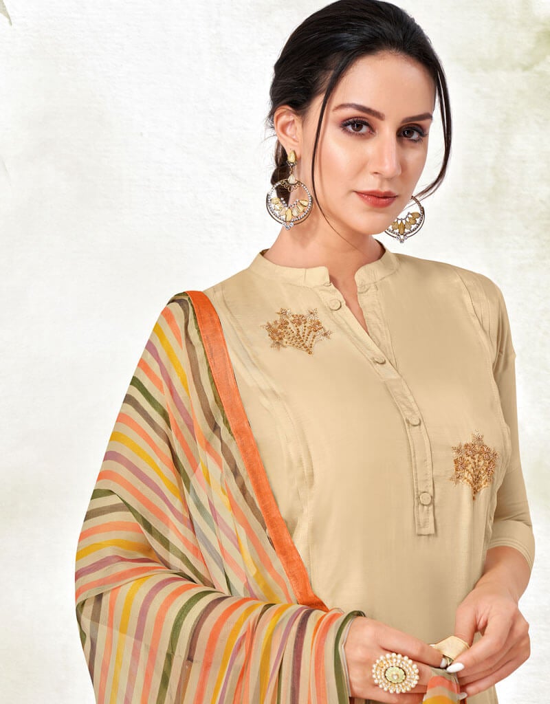 Beige Chanderi Cotton Pant Dress for Women - Comfortable & Stylish Lounge Wear for Home, Travel & Casual Outings