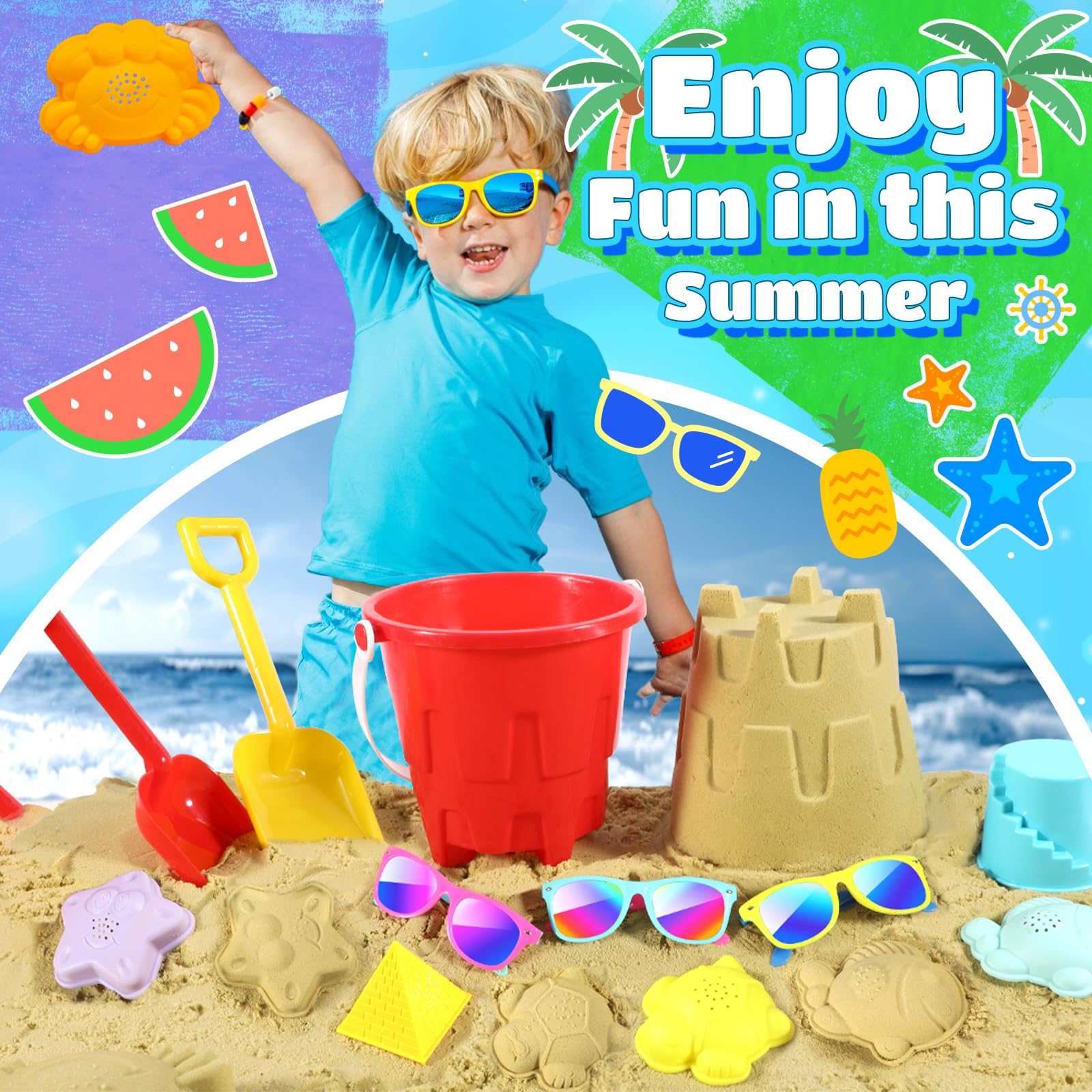 Beach Toys for Kids 3-10 - Sand Bucket, Sunglasses & Castle Set for Beach Fun