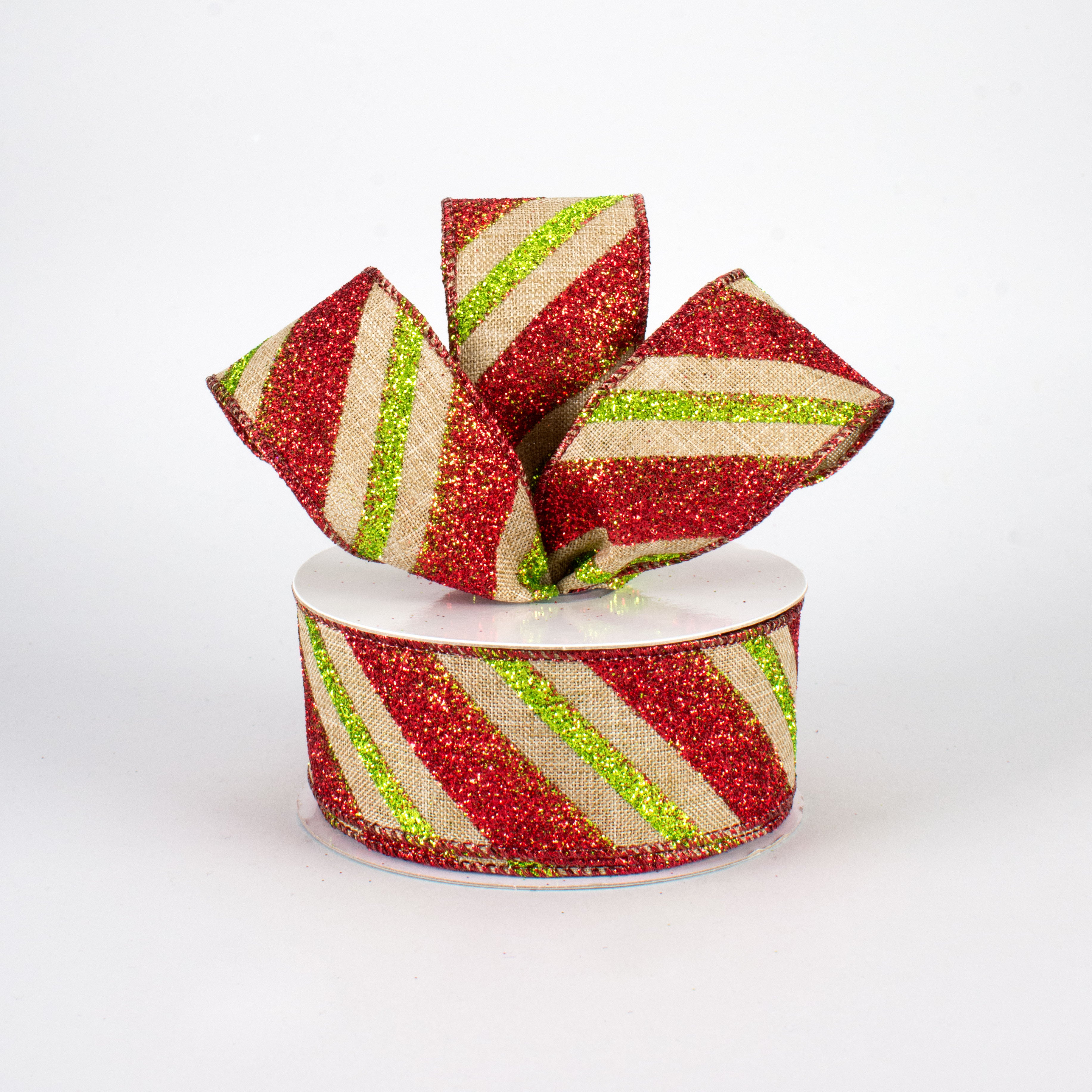 1.5 Inch Diagonal Glitter Stripe Faux Canvas Ribbon - Lime & Red (10 Yards) for DIY Crafts, Gift Wrapping, Scrapbooking & Party Decorations