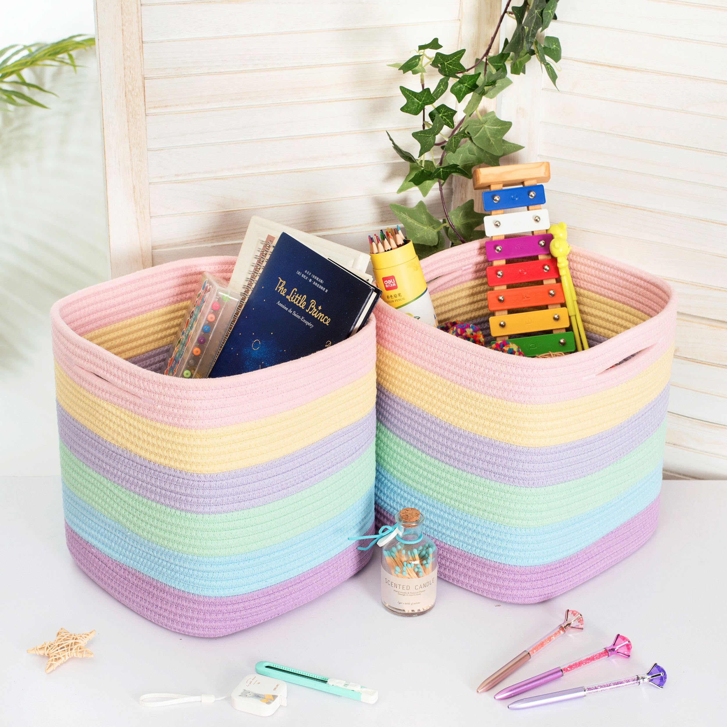 MINTWOOD 3-Pack 11x11 Inch Woven Storage Bins - Pastel Rainbow Cube Organizers for Closet, Classroom, Bathroom & Pantry | Decorative Shelf Baskets for Home Organization & Storage Solutions