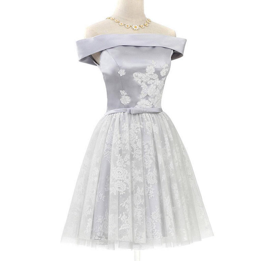 Elegant Off Shoulder Gray Lace Prom Dress for Homecoming & Sweet 16 Parties | Affordable Short Cocktail Party Dress | Perfect for Prom Night, Formal Events & Special Occasions | Style CM345