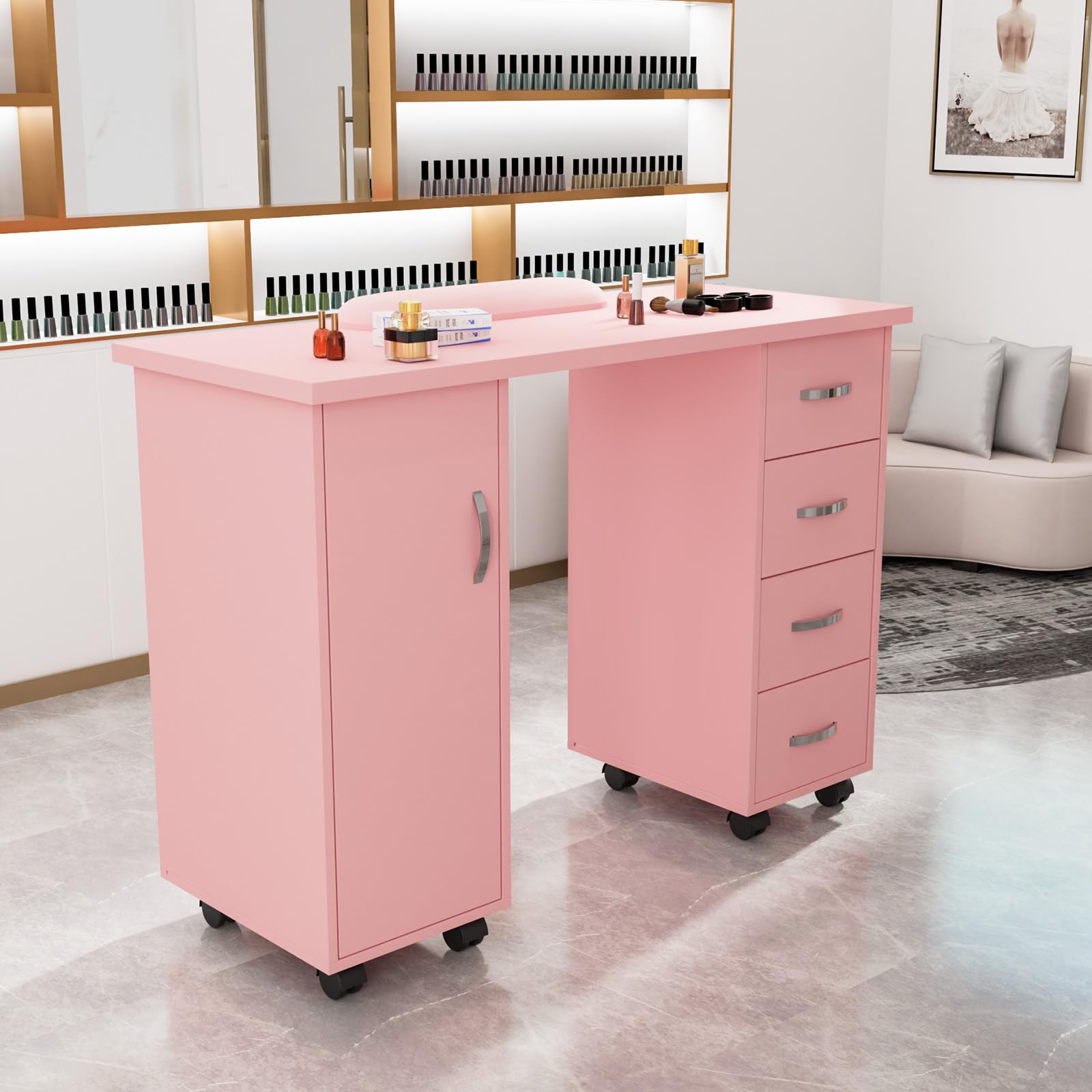 Professional Wooden Manicure Table with Storage Cabinet, 4 Drawers & Wheels - Adjustable Arm Rest Nail Technician Workstation for Salon & Home Use - 43.3