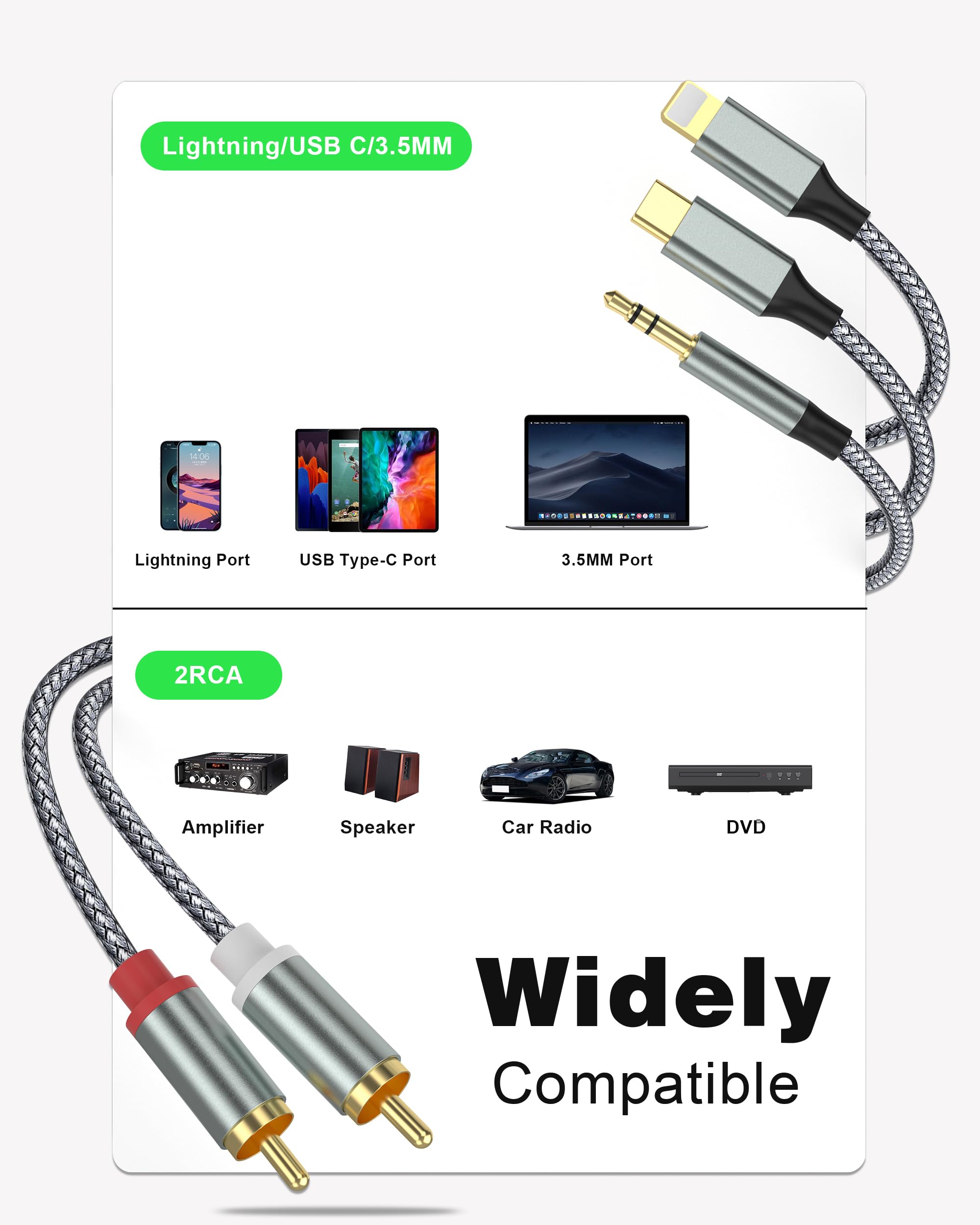 Lightning to RCA Cable, RCA to 3.5mm Audio Cable, USB C to 2 RCA Adapter - 3-in-1 Audio Cable for Power Amplifier, Car Stereo, Home Theater & Speakers | Compatible with iPhone, iPad & More | Perfect for DJ Mixers, Sound Systems & Music Streaming