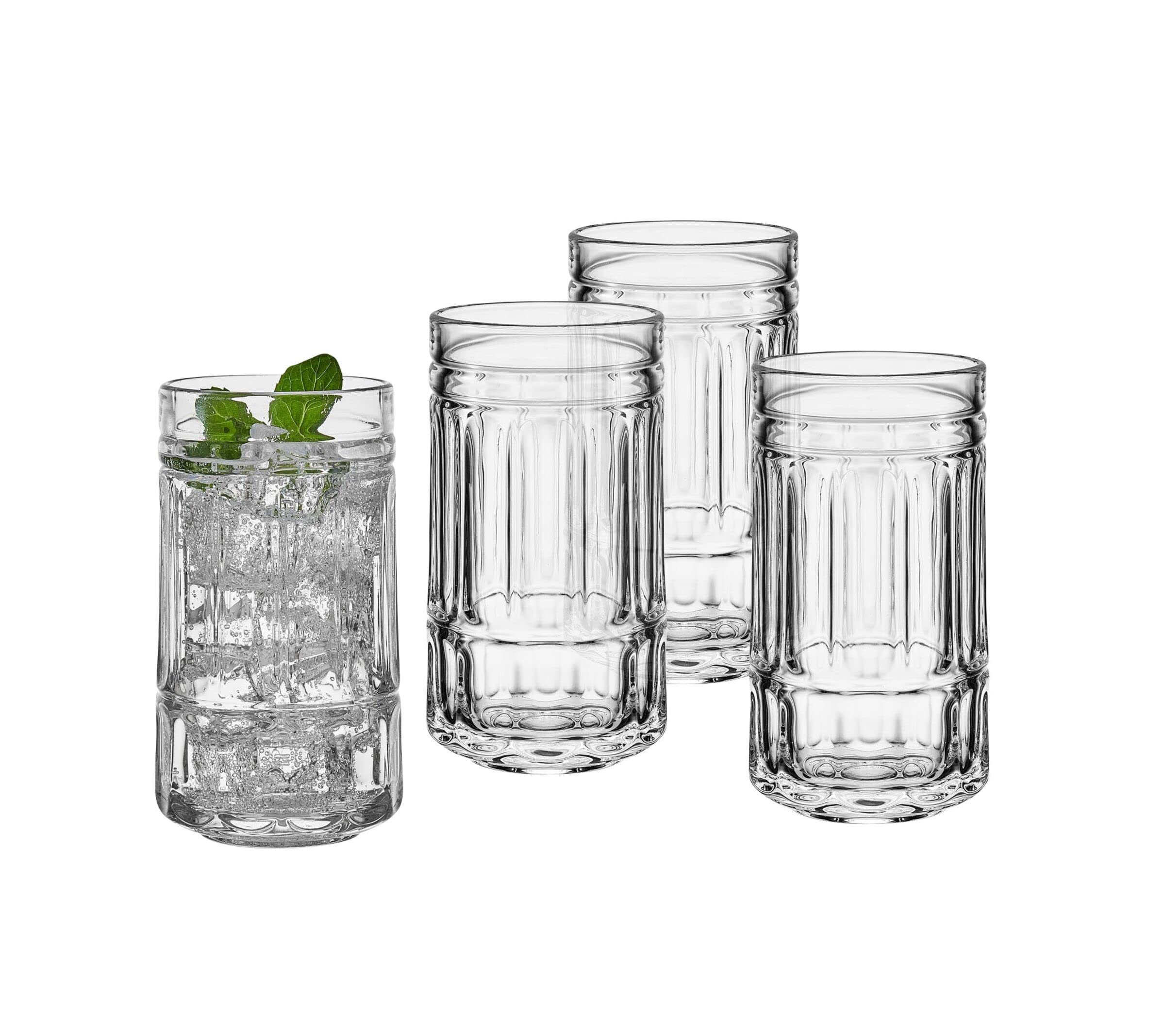 Premium Mikasa Lawrence Highball Tumbler Cups Set of 4 - 16oz Crystal Clear Glass Drinking Glasses for Cocktails, Iced Coffee, Tea & Beverages - Perfect for Home Bar, Parties, Weddings & Gift Giving - Ideal for Entertaining, Hosting & Everyday Use