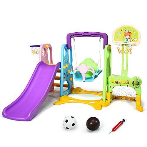 HONEY JOY 4-in-1 Toddler Swing and Slide Playset with Basketball Hoop - Extra Long Slide with Safety Buffer - Easy Assembly Indoor/Outdoor Climber for Kids Ages 2-5 - Perfect for Backyard, Playroom & Preschool Playground Activities