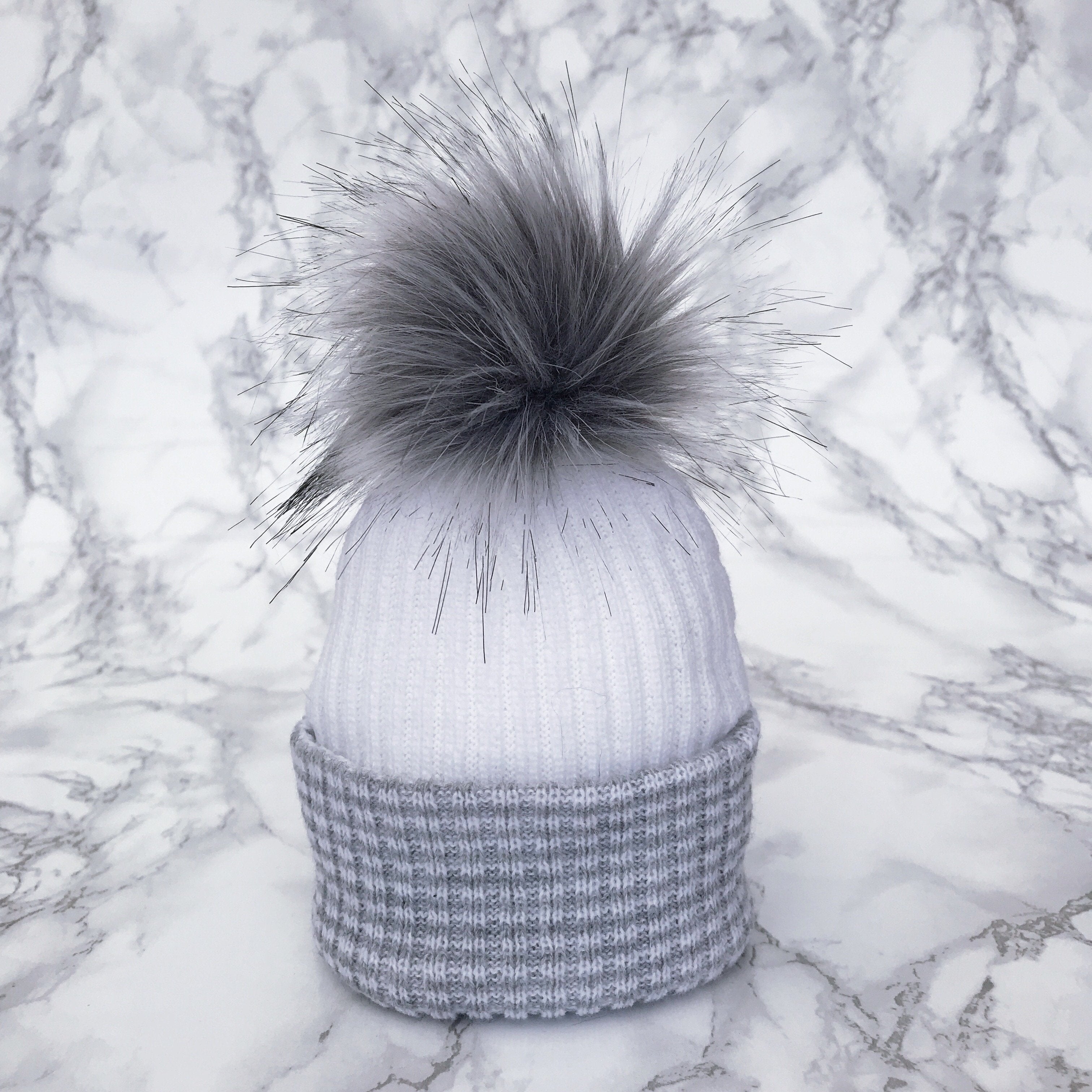Grey & White Faux Fur Pom Pom Hat - Winter Beanie for Women - Cozy Knit Hat with Faux Fur Ball - Perfect for Cold Weather, Snow Days & Outdoor Activities