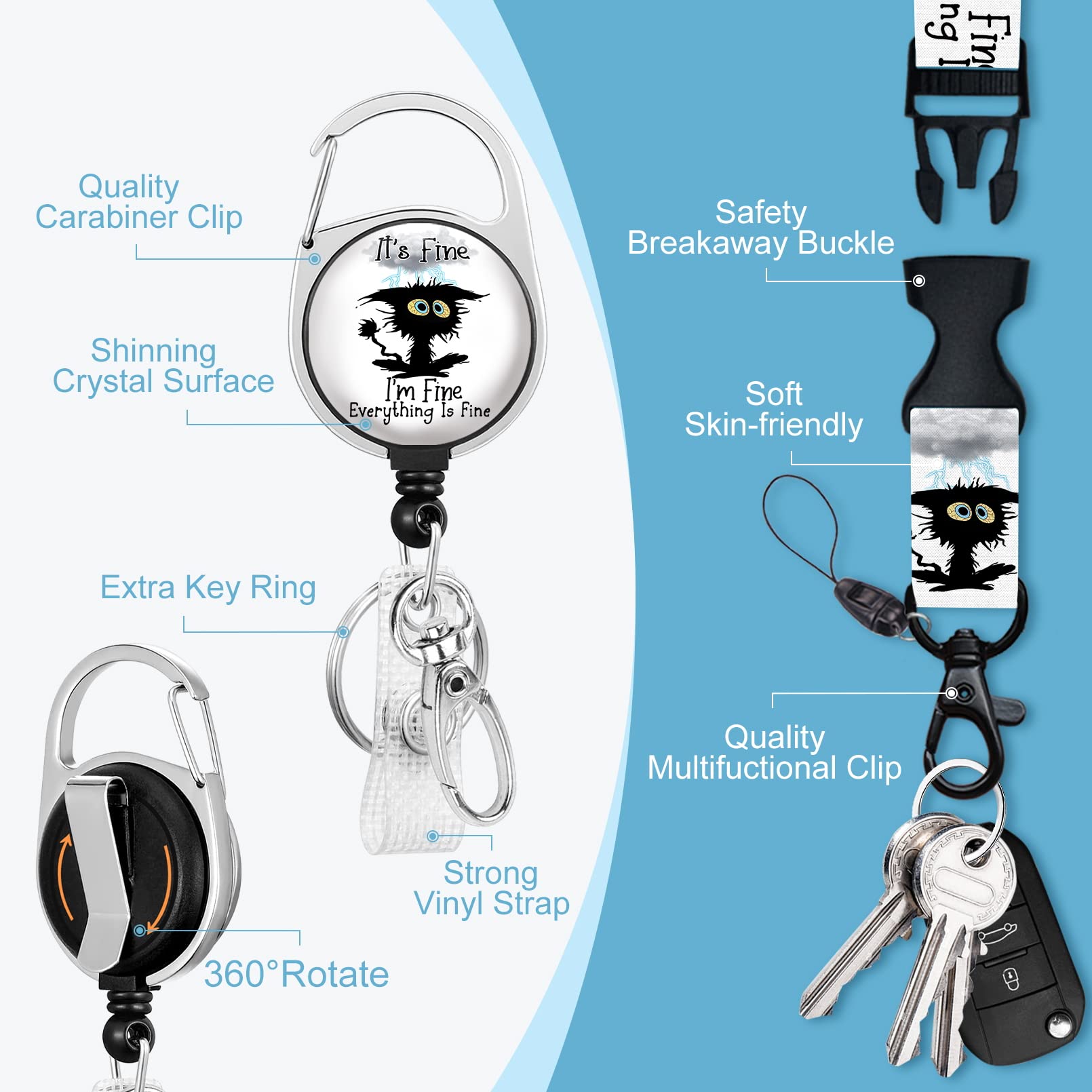 Black Cat Badge Reel with Breakaway Lanyard - Heavy Duty ID Holder for Nurses & Teachers