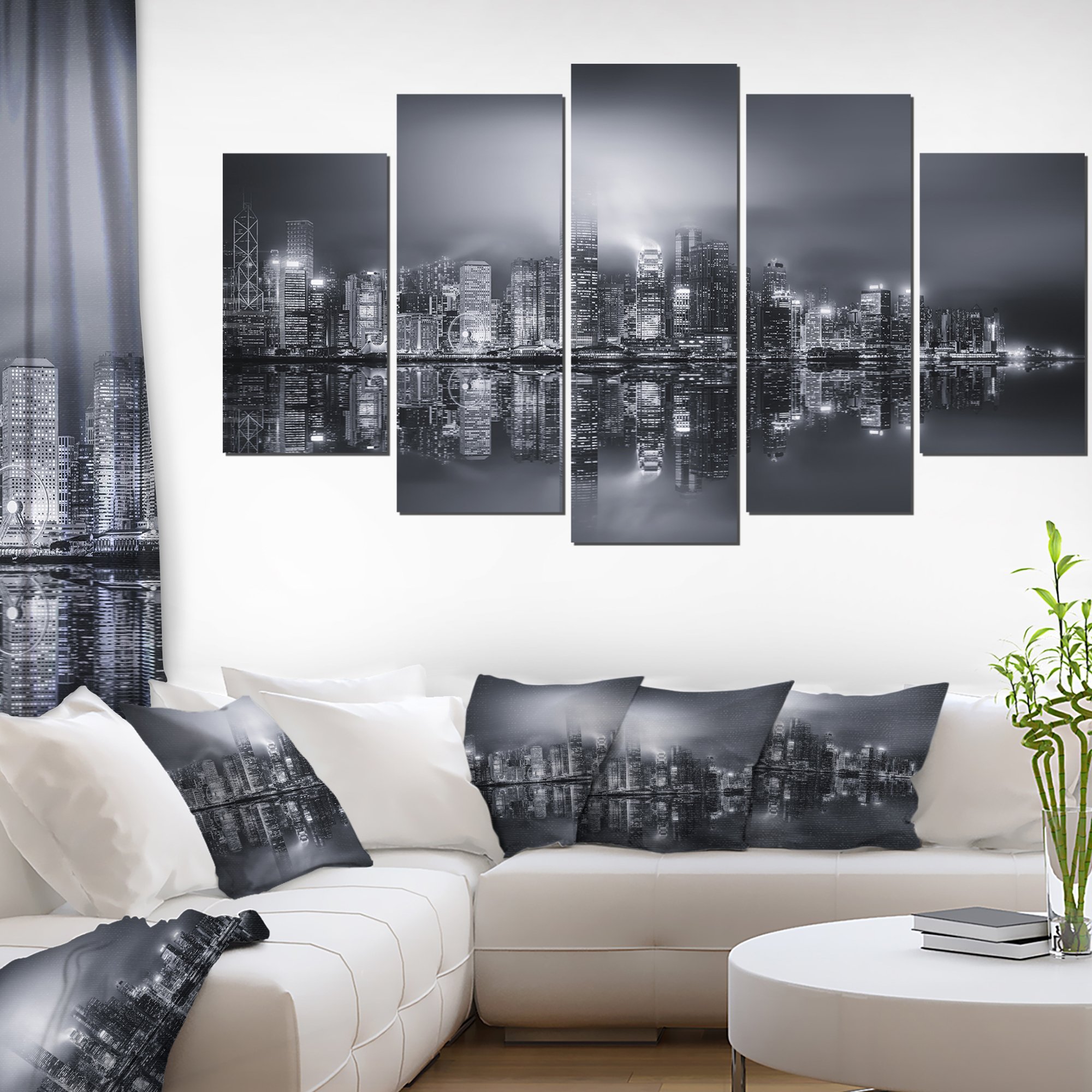 Hong Kong Black and White Panoramic Cityscape Canvas Art - 60x32 Inch 5-Panel Diamond Shape Wall Decor (PT10979-373) | Perfect for Living Room, Bedroom & Office Modern Art Display