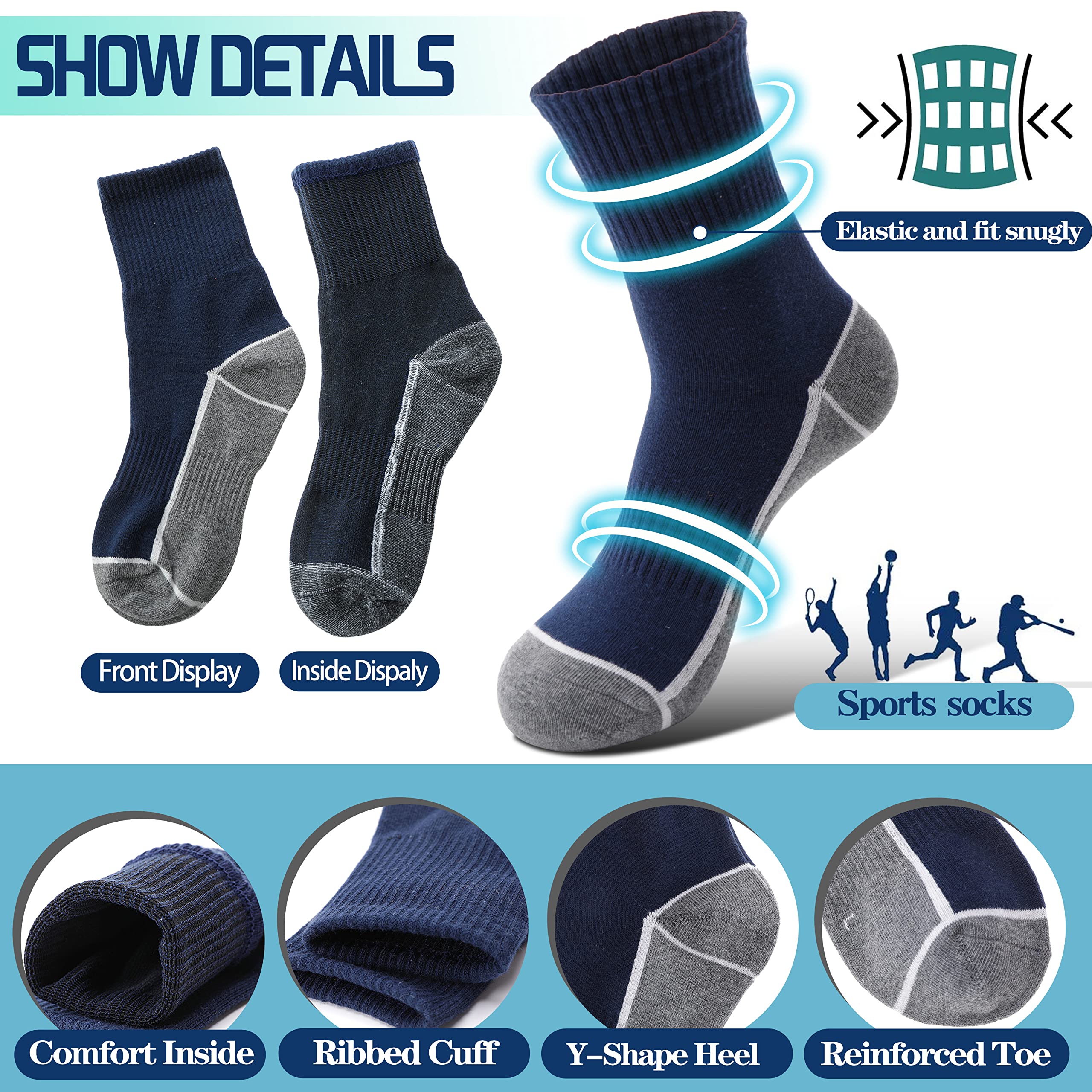 Welwoos 6 Pairs Boys Athletic Socks - Breathable Cotton Sport Crew Socks for Kids - Perfect for Running, School & Daily Wear