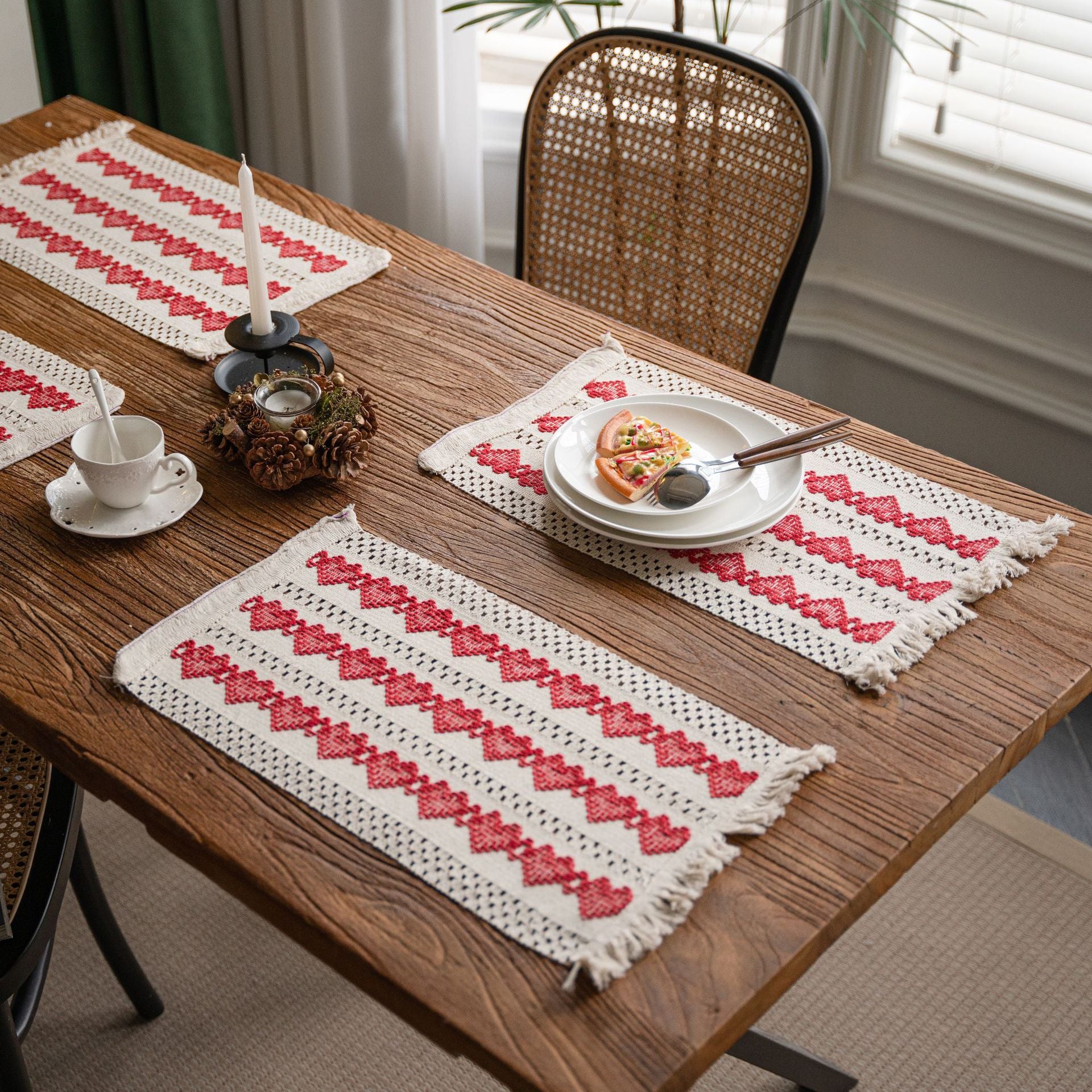 Elegant Cataleya Ivory Table Runner with Red Heart Design - Perfect for Valentine's Day, Weddings & Romantic Dining Decor