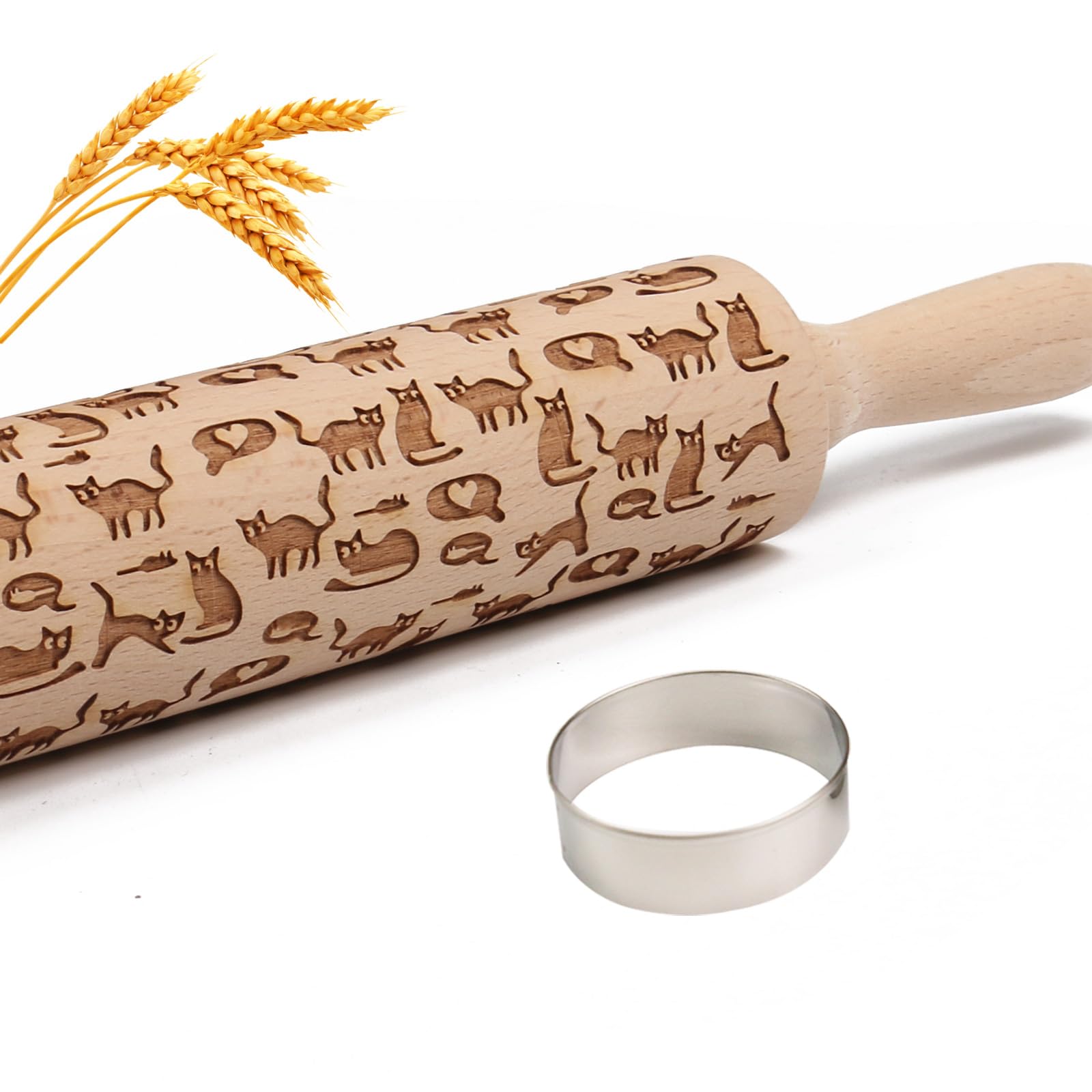 Wooden Embossed Rolling Pin for Baking Cookies - Cat & Heart Design - Engraved Springerle Dough Roller for Animal Patterns, Clay Pottery & Ceramic Stamping - Perfect Gift for Bakers, Women & Kids - Ideal for Holiday Cookies, DIY Crafts & Homemade Pottery Projects