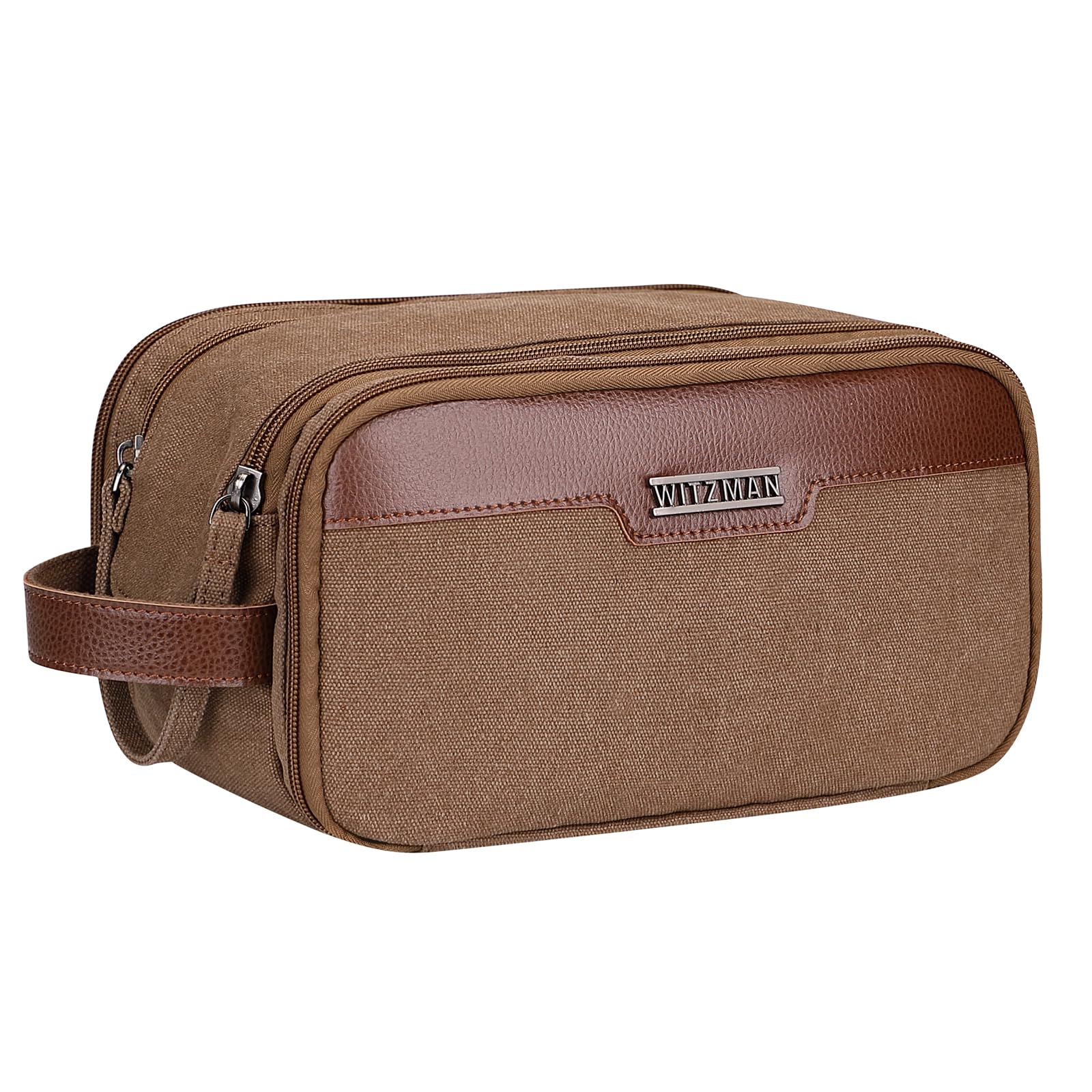 WITZMAN Large Canvas Toiletry Bag for Men - Waterproof Hanging Dopp Kit with Leather Trim, Spacious Travel Bathroom Organizer (Brown A8002) - Perfect for Gym, Camping & Business Trips