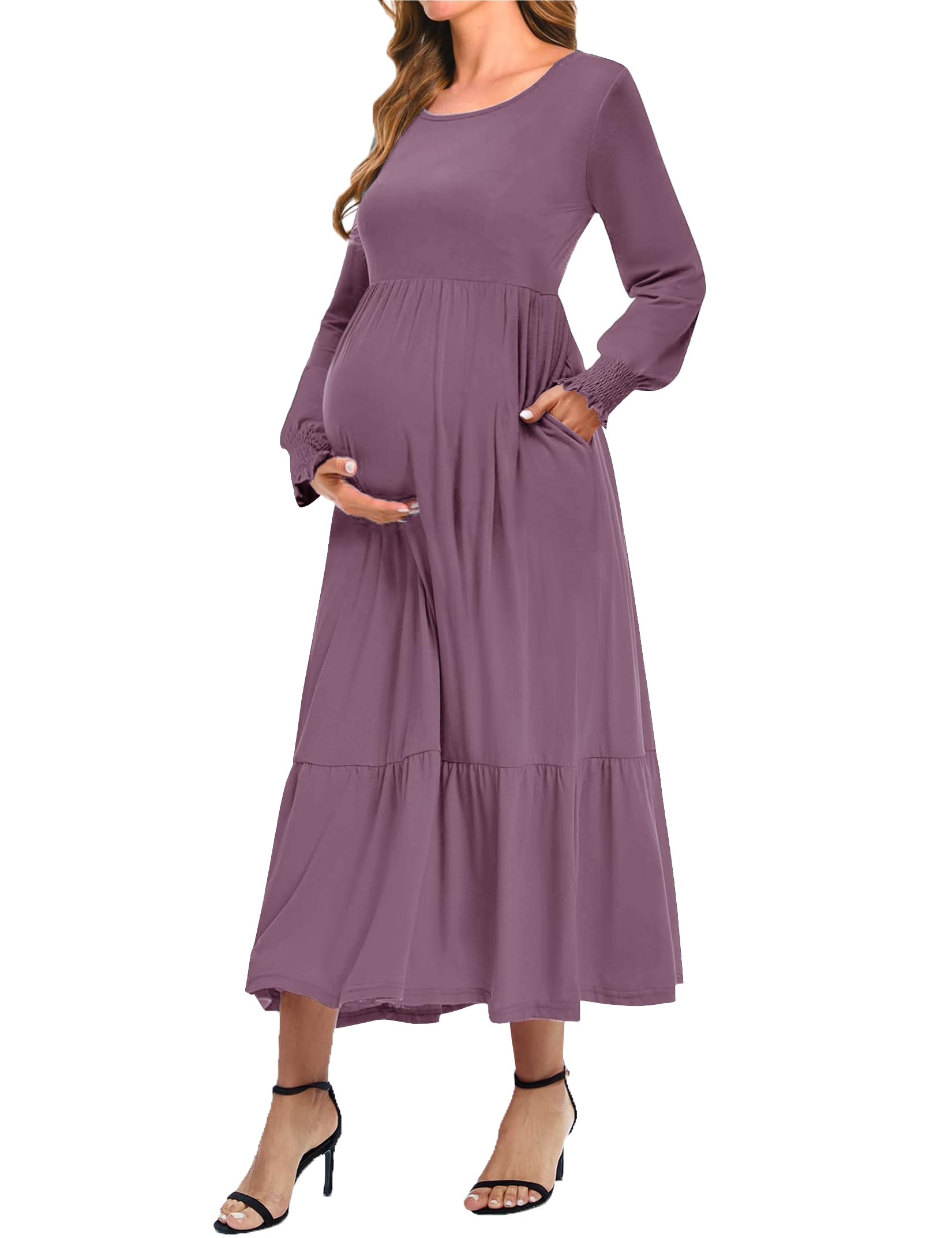 Stylish Women's Nursing Dress - Crew Neck Maternity Dress with Long Sleeves, Smocked Cuffs & Pockets | Flowy Tiered Design for Fall Cocktail Parties, Breastfeeding & Everyday Comfort