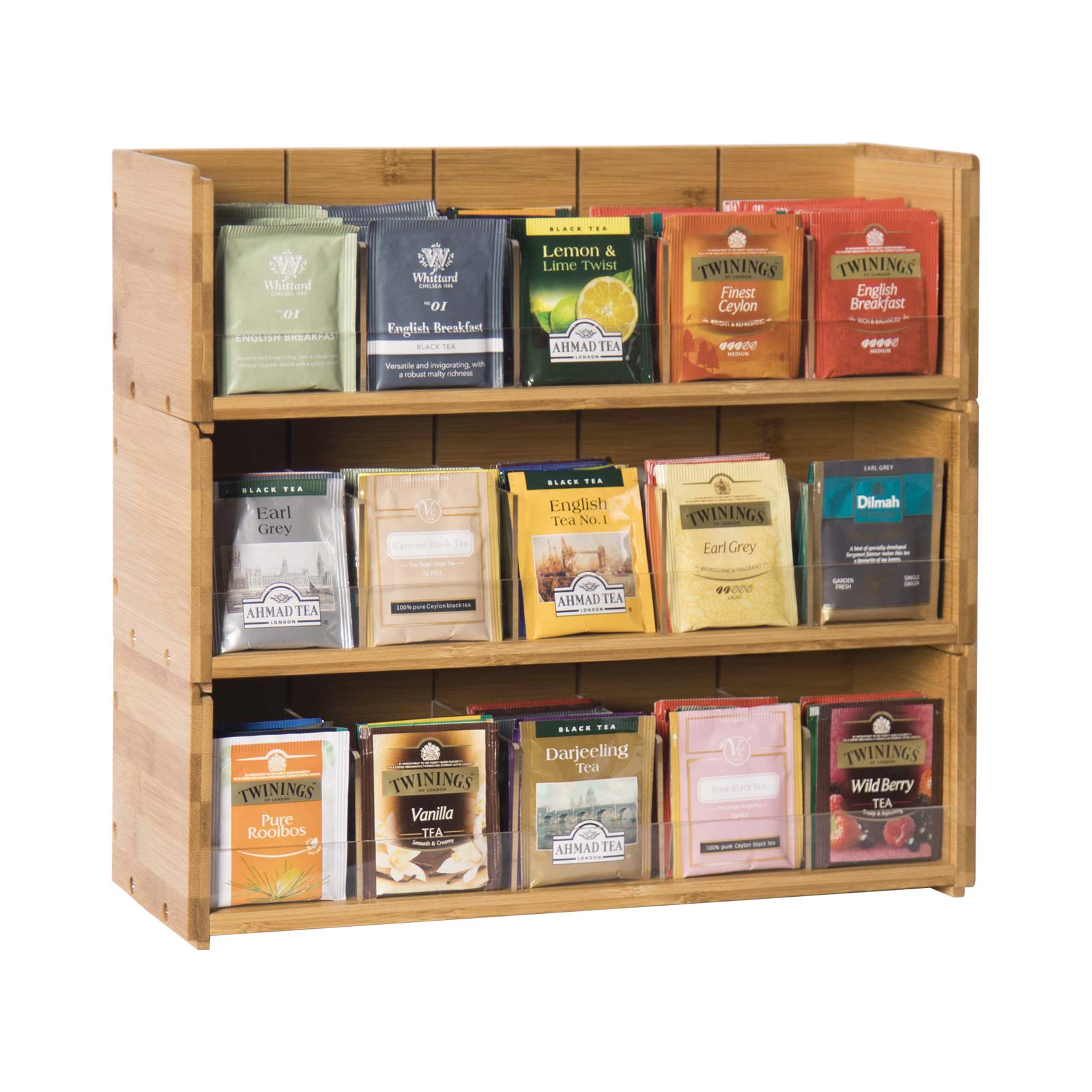 3-Tier Stackable Bamboo Tea Bag Organizer Storage Box - Natural Wood Wall Mount Tea Chest with Acrylic for Tea Bags - Perfect for Kitchen, Office, Pantry & Cabinet Organization