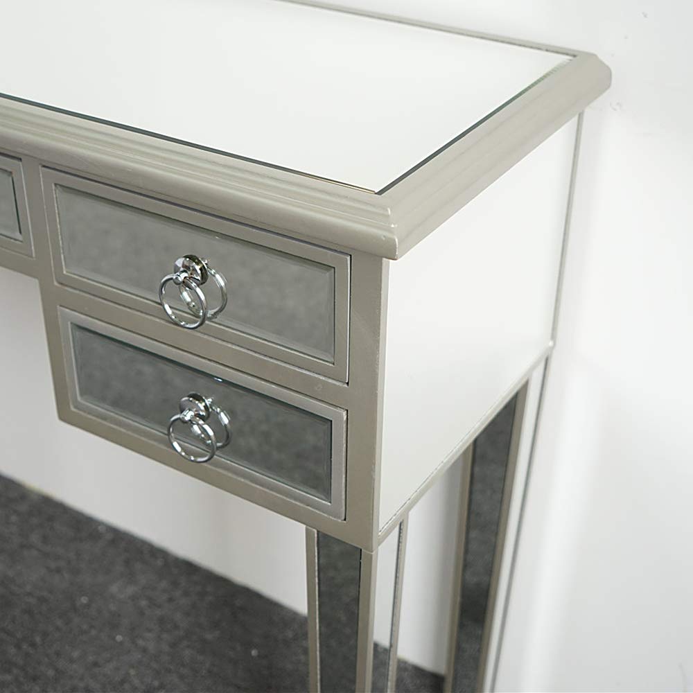 HomVent Modern Mirrored Vanity Table with 5 Drawers - Silver Finish Makeup Desk for Women, Home Office Writing Desk & Media Console - Perfect for Bedroom, Dressing Room, and Office Organization