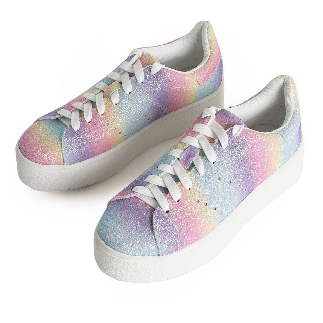 J.Adams Women's Hero Platform Sneakers - Fashion Casual Lace Up Tennis Shoes with Rainbow Glitter - Size 10 - Perfect for Streetwear, Gym & Everyday Comfort