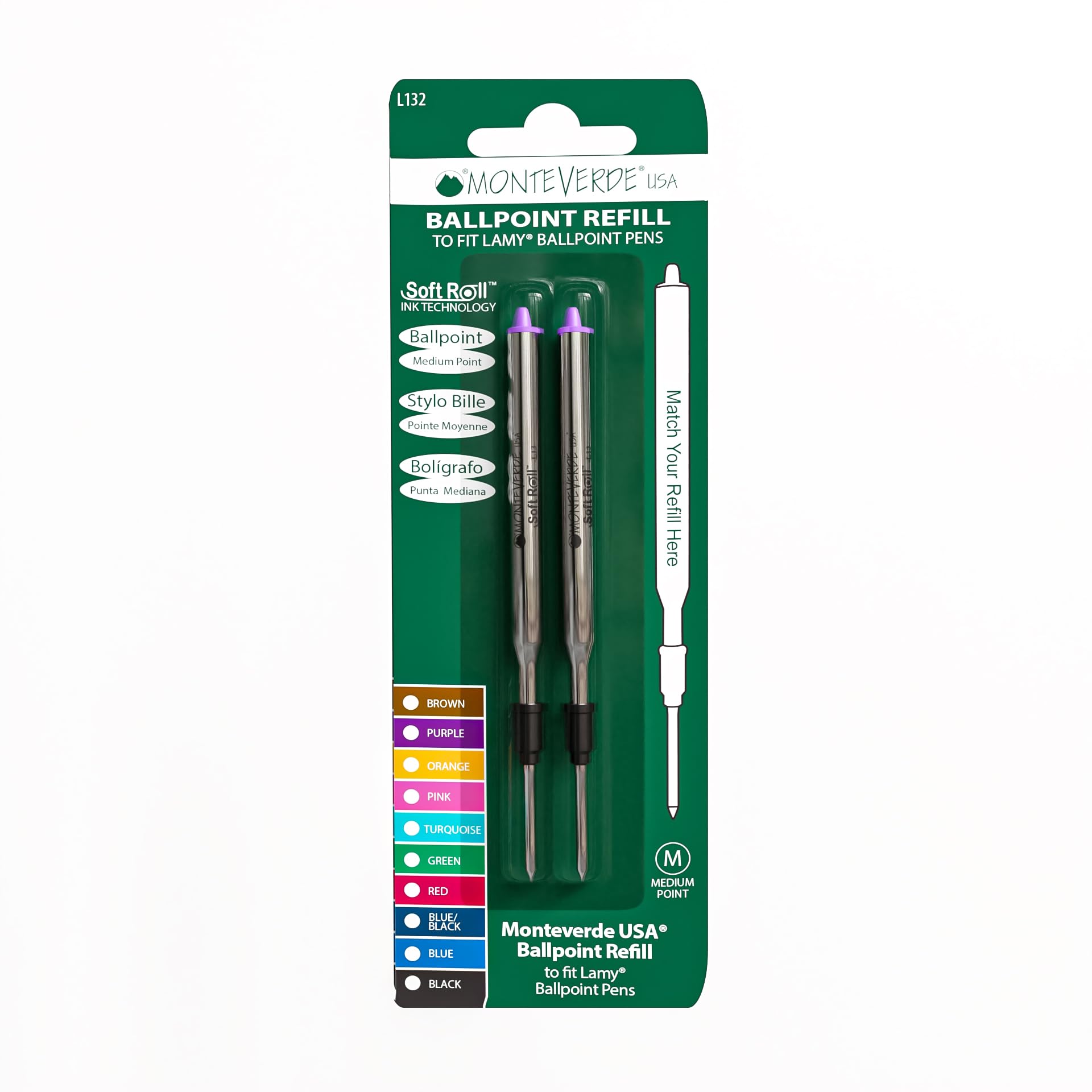 MONTEVERDE Soft Roll Ballpoint Refill for Lamy Pens - Purple Ink, 2 Pack (L132PL) | Smooth Writing Replacement Refills for Office, School & Daily Use