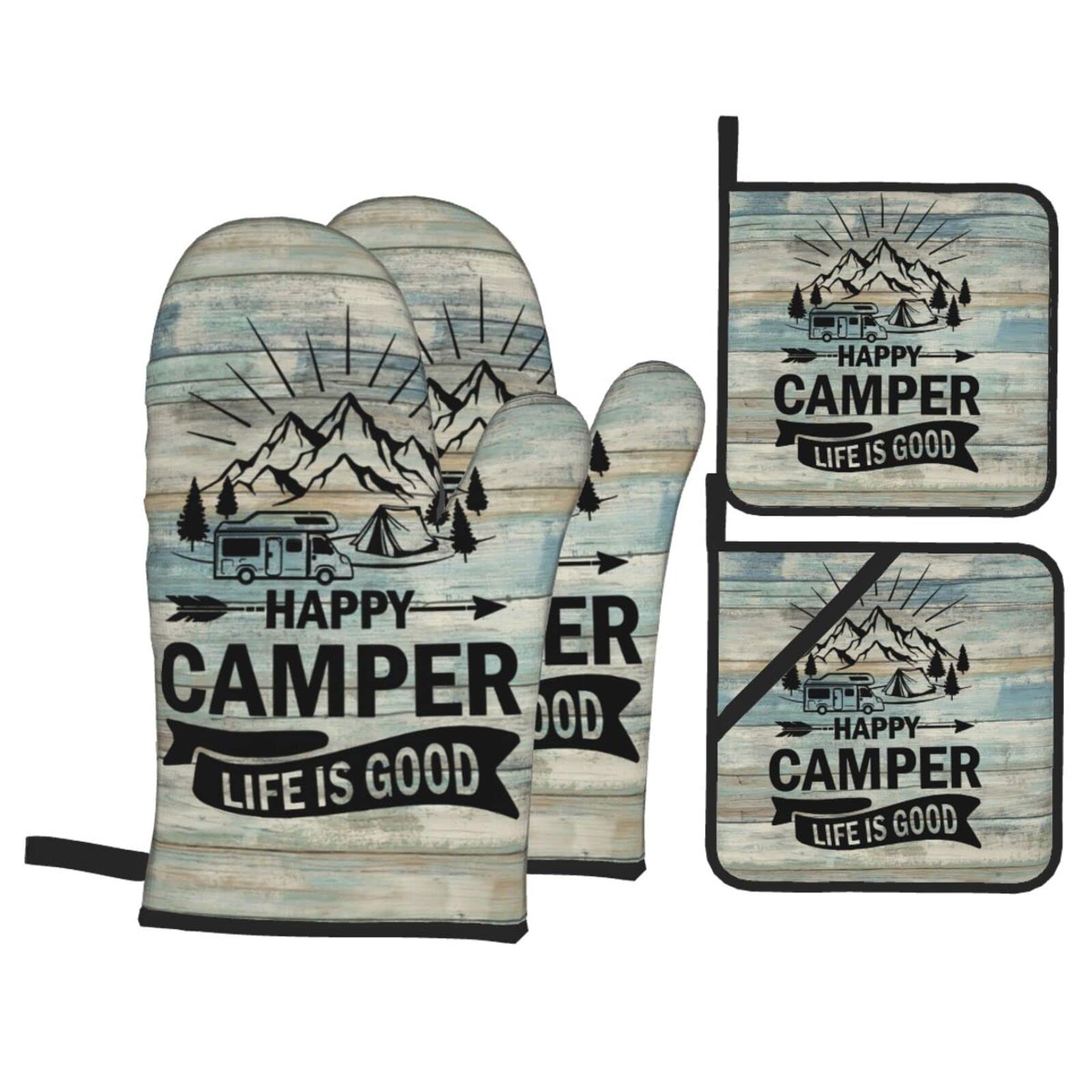 Happy Camper Oven Mitts and Pot Holders Set of 4 - Heat Resistant Kitchen Gloves with Non-Slip Grip for Baking, Cooking, Grilling & BBQ - Perfect for Home Kitchen, Outdoor Camping & Picnic Use