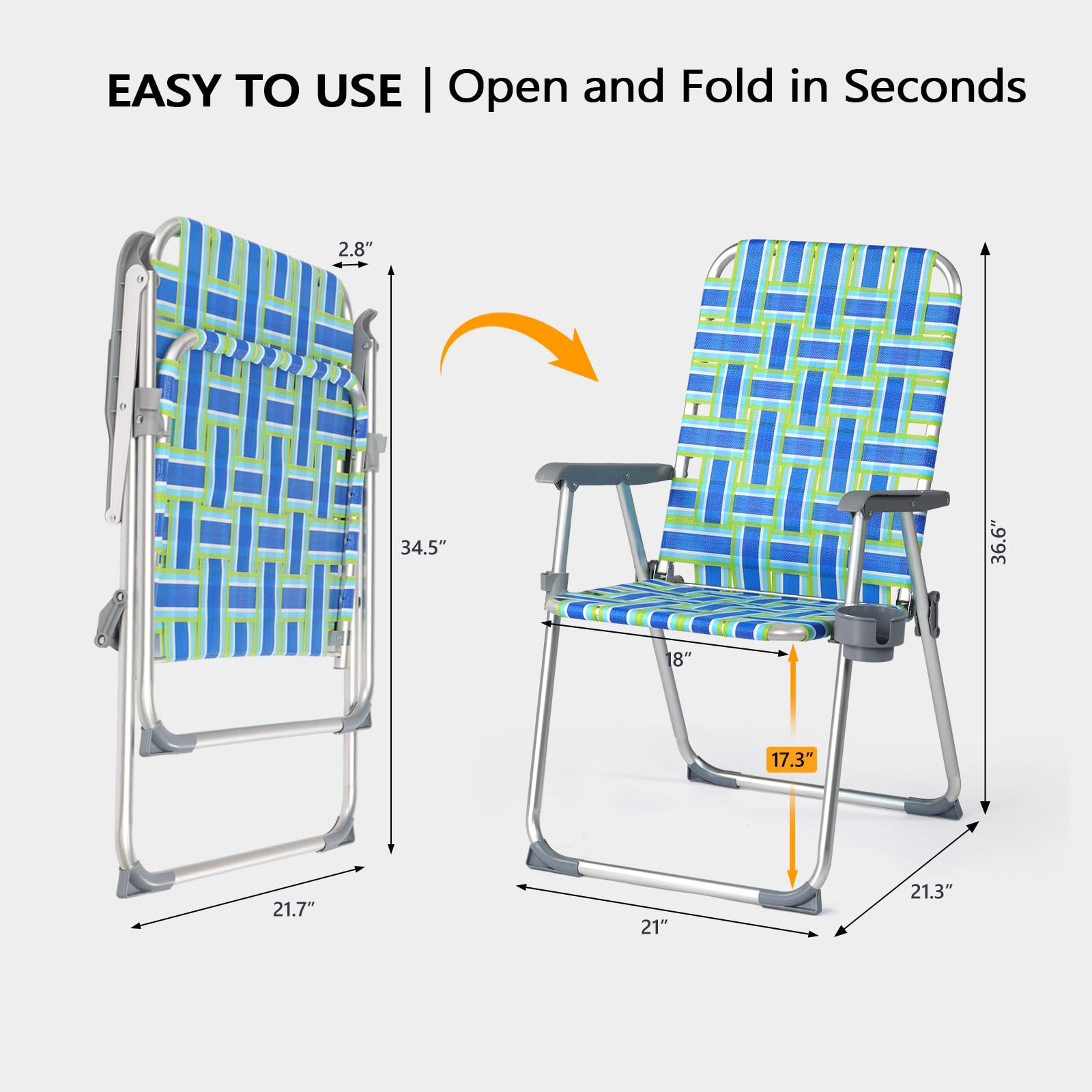 VINGLI 2-Pack Aluminum Folding Patio Chairs with Cup Holder - Portable Outdoor Lawn Chairs for Beach, Camping, Garden & Backyard - Lightweight Webbed Design (Blue) | Perfect for Picnics, BBQs, and Poolside Relaxation