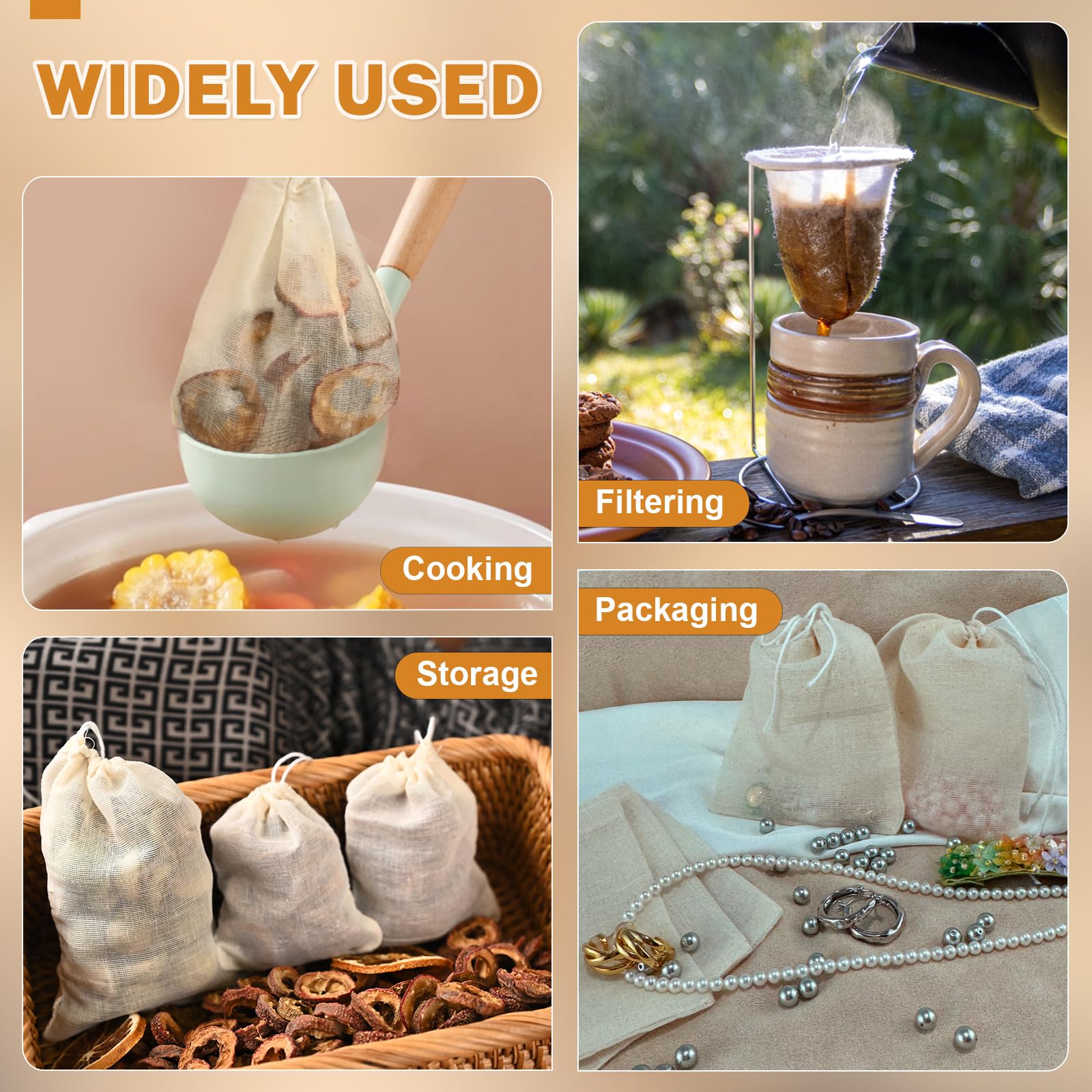 20 Pcs Natural Cotton Muslin Drawstring Bags - Reusable Tea Bags & Spice Sachets for Loose Leaf Tea, Herbs, Soup Seasoning - 4x3 Inch Cheesecloth Strainer Bags for Brewing, Cooking & DIY Crafts