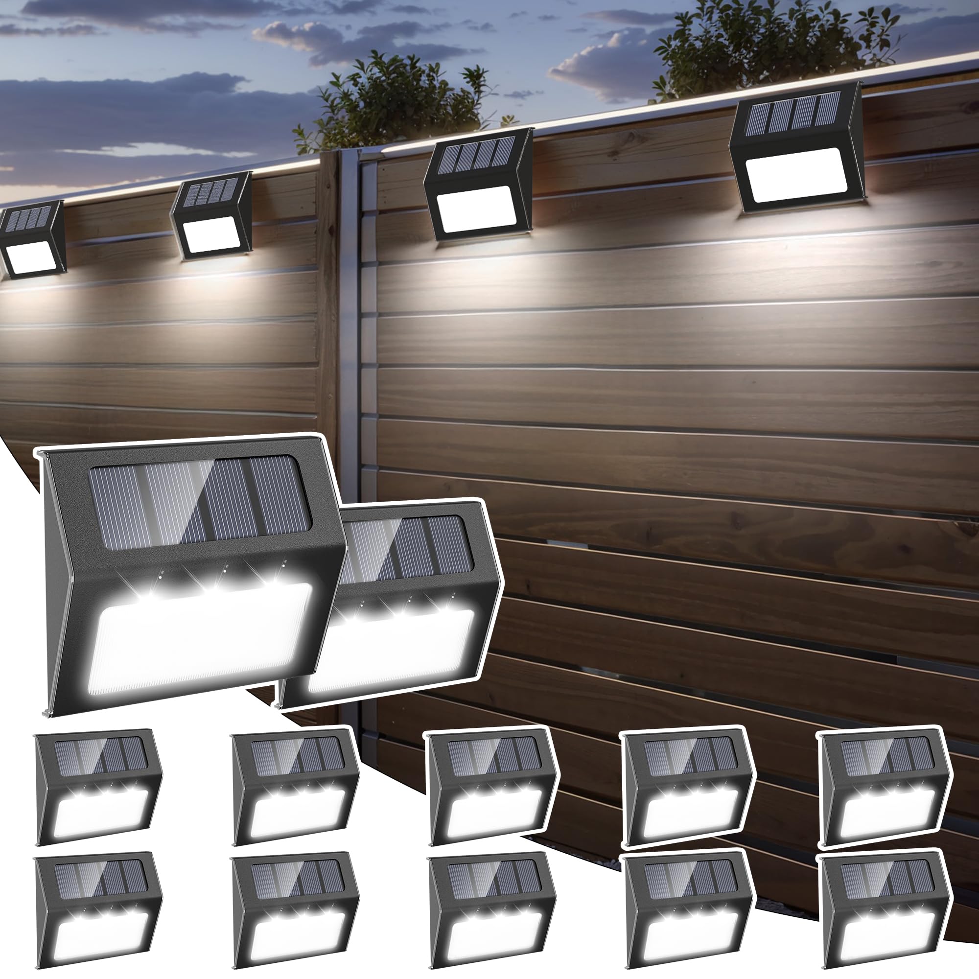 12 Pack Otdair Waterproof Solar Deck Lights for Outdoor - Cold White (Black) | Solar Fence Lights for Garden, Patio, Pathway & Yard | Weatherproof Landscape Lighting for Nighttime Safety & Ambience