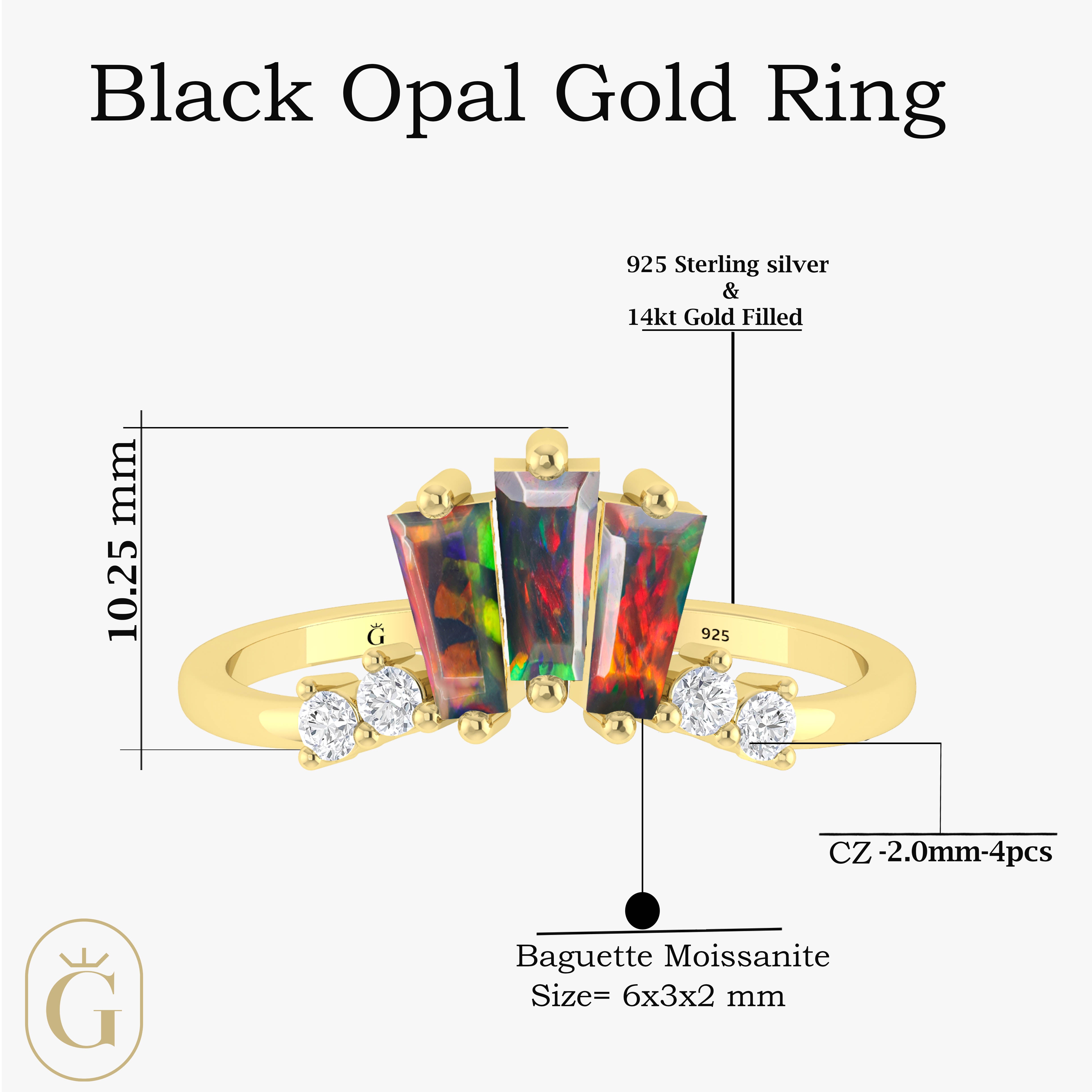 Baguette Black Opal Ring with CZ Stones - Elegant Vintage Style Jewelry for Women | Perfect for Weddings, Anniversaries & Special Occasions