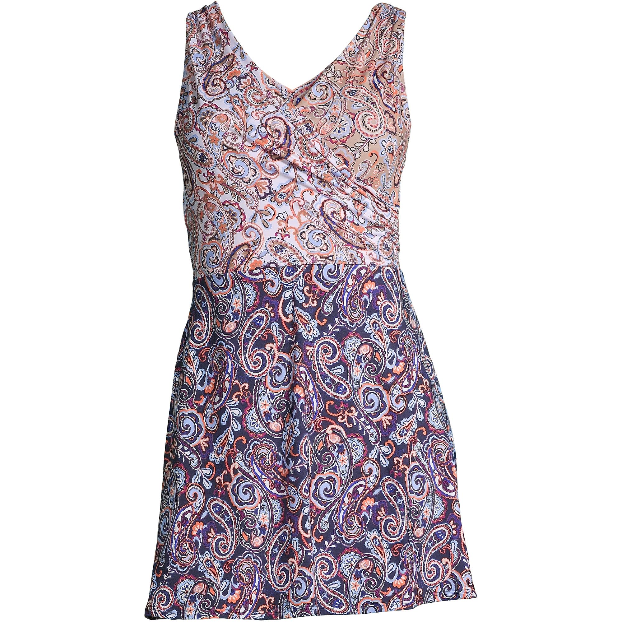 Lands' End Women's Chlorine Resistant Surplice Swim Dress - Deep Sea Navy Paisley Mix - Size 4 | Flattering Swimwear for Beach, Pool & Vacation | Comfortable Swim Dress with Control for Women