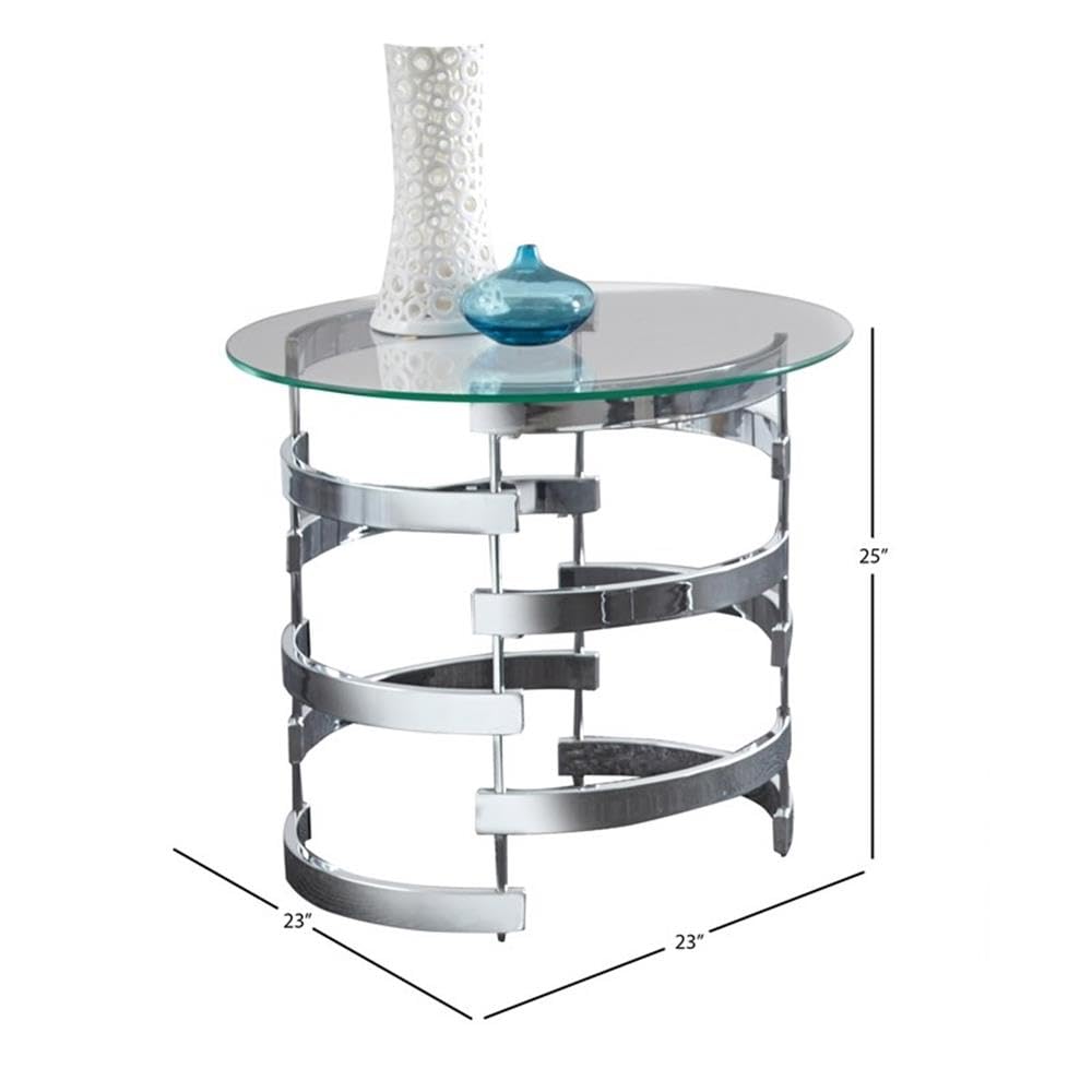 BOWERY HILL Round End Table - Modern Glass Top Coffee Table with Wood Base & Chrome Legs for Living Room, Bedroom or Office Decor