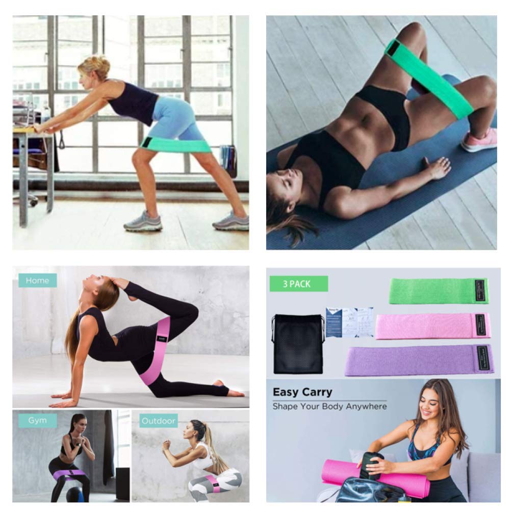Premium Non-Slip Fabric Resistance Bands Set of 3 - Thick Wide Elastic Exercise Bands for Legs, Butt, Squat, Glute, Hip & Thigh Workouts - Perfect for Home Gym, Yoga, Pilates & Fitness Training