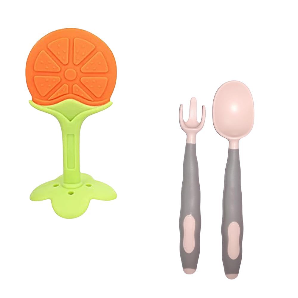 Kritiu BPA-Free Silicone Teether & Baby Spoon Set - Safe Infant Feeding Essentials for 6+ Months Babies - Soft Chewable Teething Toys & Utensils (Yellow & Peach) | Perfect for Soothing Sore Gums & Introducing First Solid Foods
