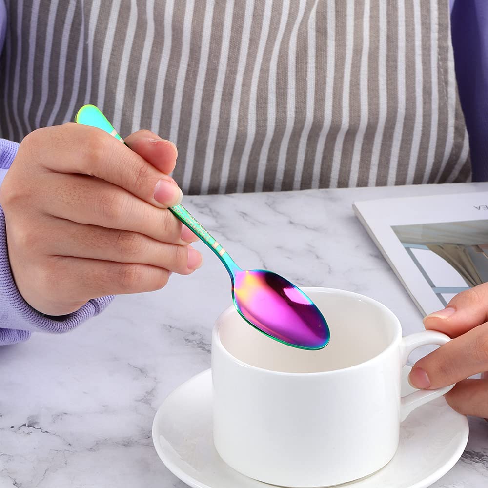 Rainbow Unique Pattern Stainless Steel Coffee Espresso Spoons Set of 6 - 5.5 Inch Mini Dessert Teaspoons for Demitasse, Tea, and Desserts | Elegant Silverware for Coffee Shops, Home Kitchens, and Gift Giving