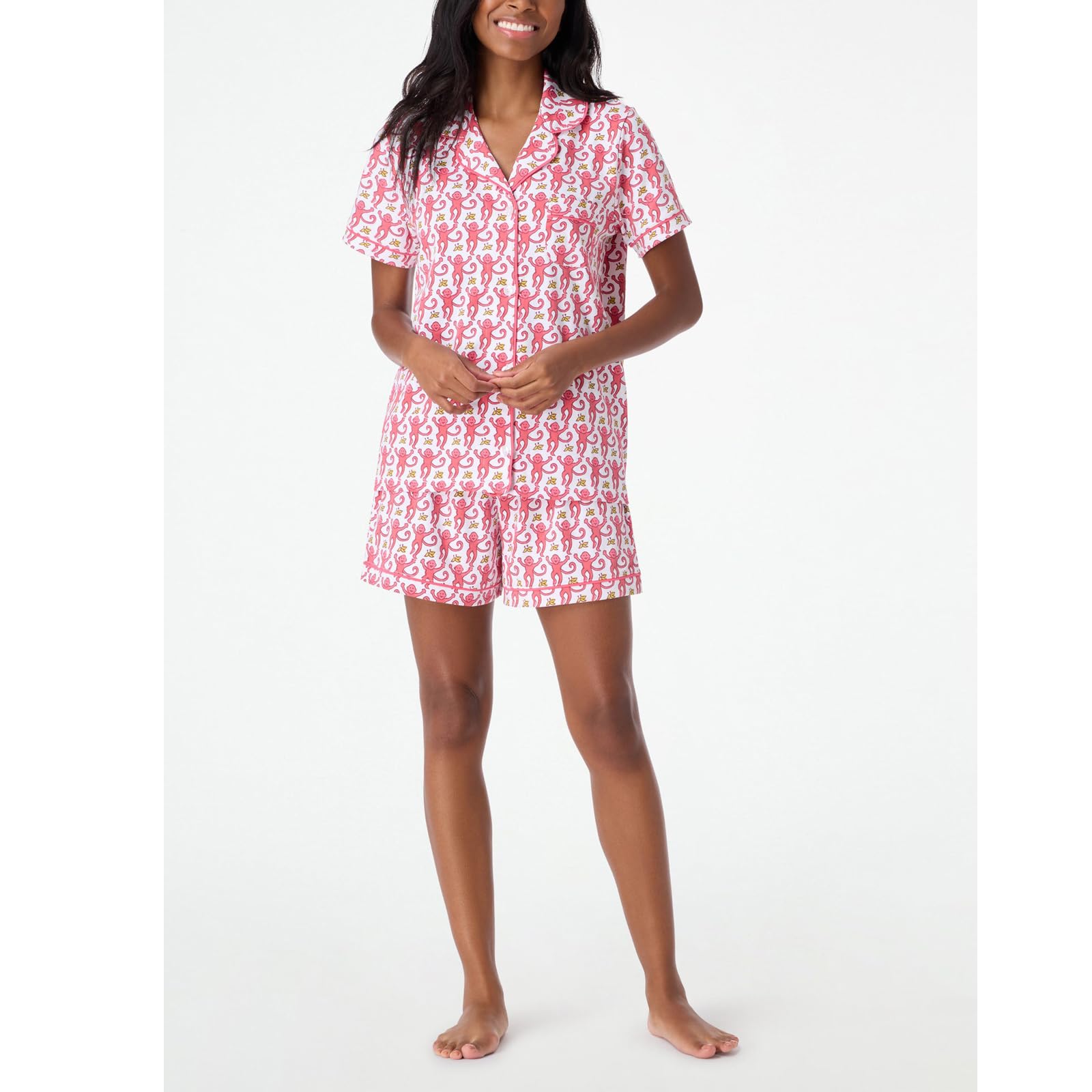 Amiblvowa Women's Cute Monkey & Rabbit Heart Print Pajama Set - Y2K Style 2-Piece Shorts & Top Lounge Sleepwear for Cozy Nights & Relaxing at Home