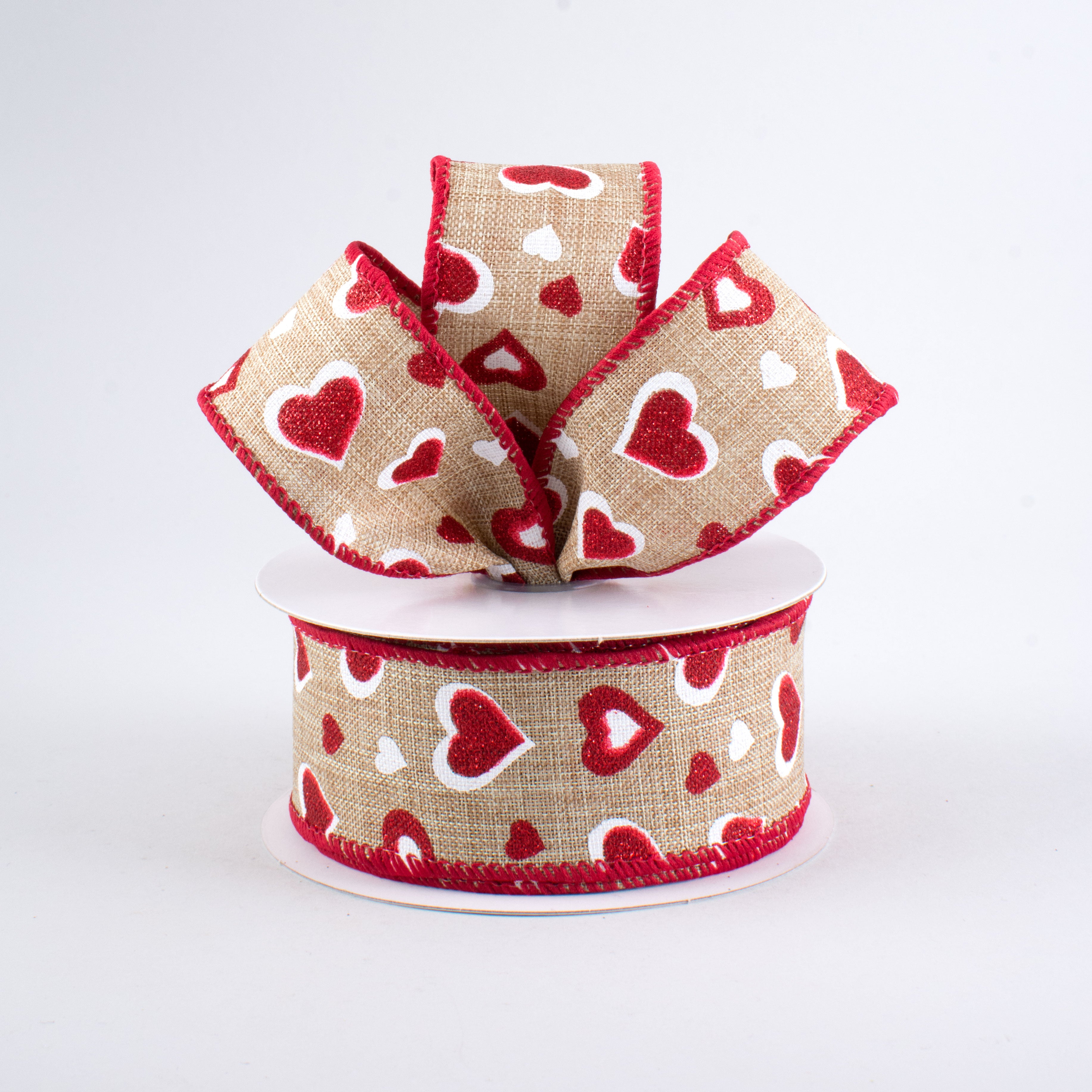1.5 Inch Glitter Hearts Ribbon - Natural, Red & White Decorative Ribbon (10 Yards) for Gift Wrapping, Wedding Decorations, DIY Crafts & Party Favors