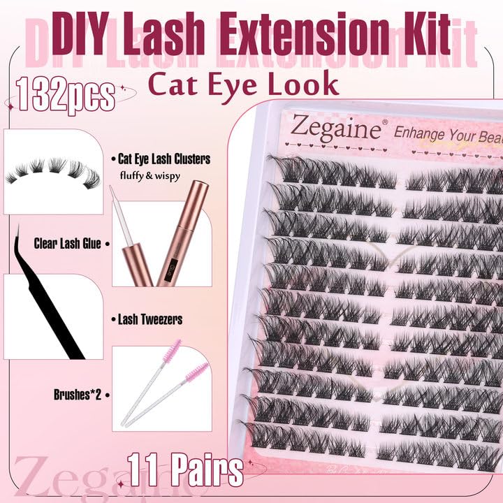 Premium Cat Eye Lash Extensions Kit - Natural Cluster Lashes (8-16mm, 132pcs/11 Pairs) with Eyelash Glue, Tweezers & Brushes - Fox Eye Effect for Dramatic Look - Perfect for Parties, Weddings & Special Occasions - Zegaine