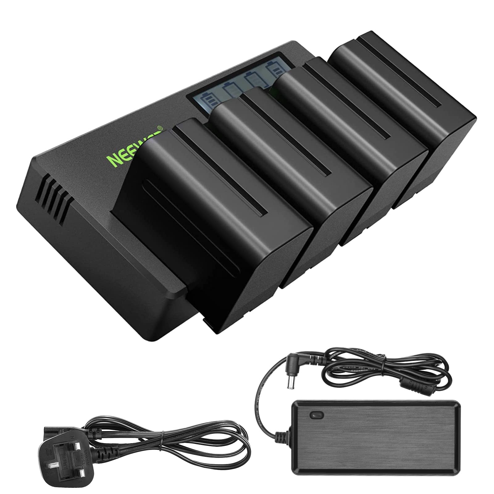 Neewer 4-Pack 7.4V 6600mAh NP-F970 Replacement Batteries with 4-Channel Charger & Adapter - Compatible with Sony NP-F550/750/770/970, FM500H, QM71D, QM91D - Power Your Field Monitor, Video Light, and Camera Equipment for Professional Photography & Videography