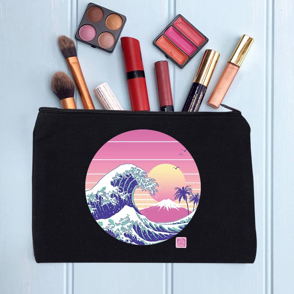 Japanese Wave Print Canvas Makeup Bag - Waterproof Cosmetic Travel Pouch, Toiletry Organizer for Bridesmaids, Pencil Case & Wash Bag - Perfect for Travel, Gym & Daily Essentials (Japanese Art 013)