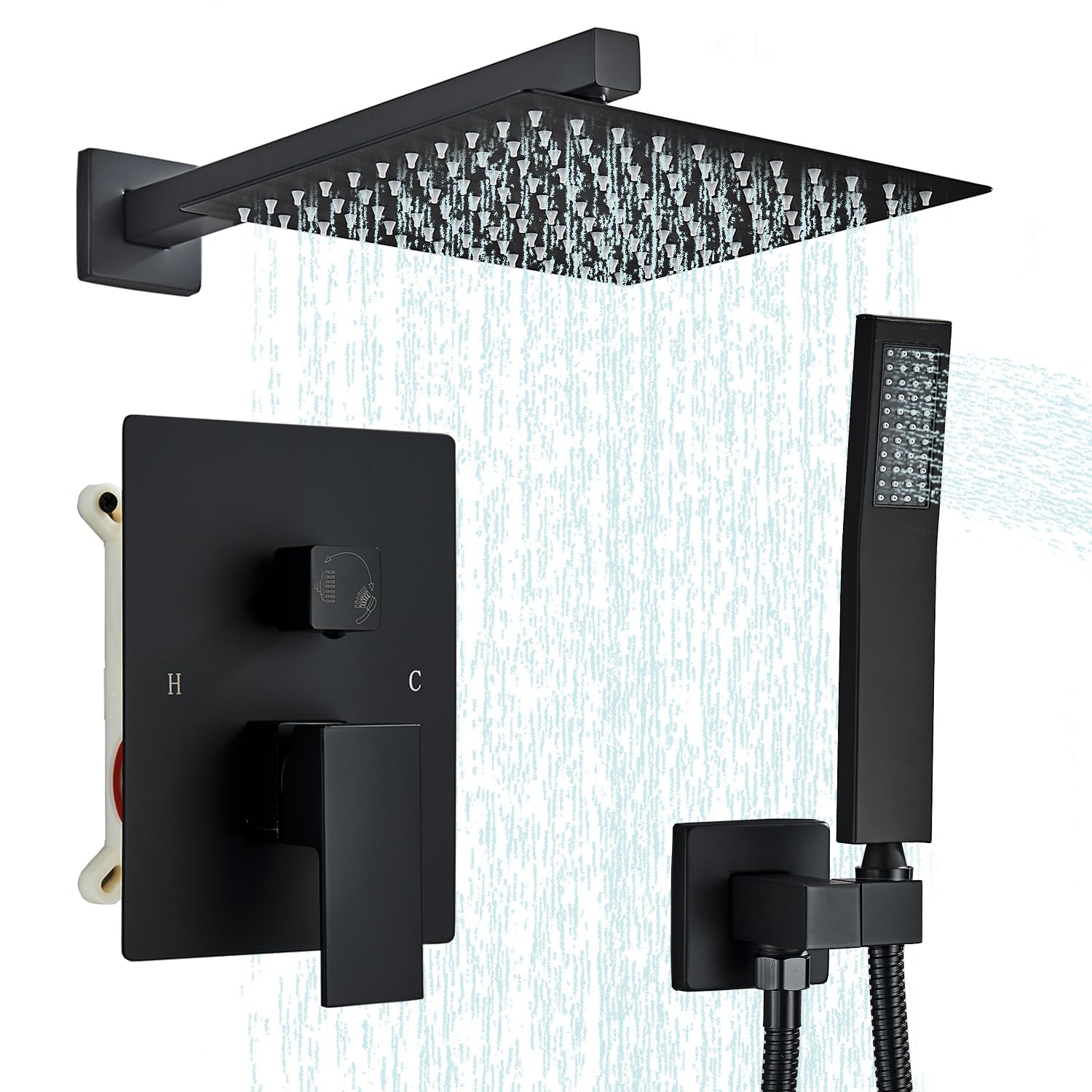 Votamuta Matte Black Shower Faucet Set - 10 Inch Rainfall Shower Head with Handheld Spray - Complete Shower System with Rough-in Valve & Trim Kit - Perfect for Modern Bathroom Renovations & Spa-Like Shower Experience