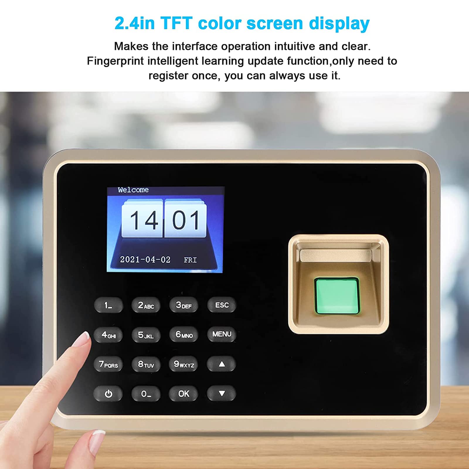 Biometric Fingerprint Time Clock for Employees - 2.4in Attendance Machine with Password Protection & Automatic Report Generation | USB Download Office Punch Clock for Small Businesses | Perfect for Retail Stores, Restaurants, and Workplaces