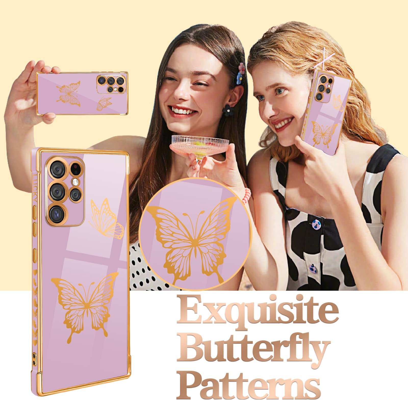 Elegant Purple & Gold Butterfly Samsung Galaxy S23 Ultra Case - Luxury Aesthetic Phone Cover for Women (6.8