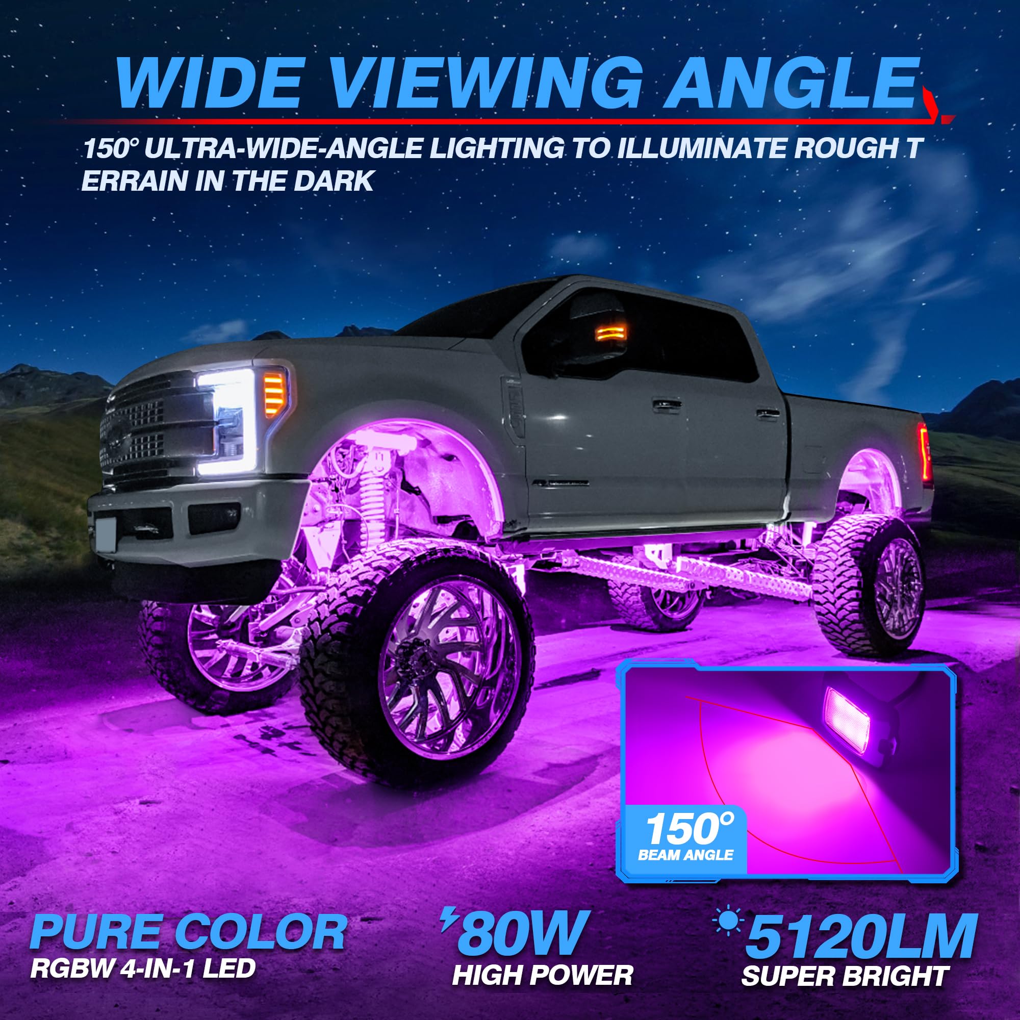 MICTUNING Q1 RGBW LED Rock Lights - 16 Pods Underglow Neon Multicolor Lighting Kit with Bluetooth & Remote Control for Trucks, Cars, ATV, UTV, Golf Cart | Off-Road, Car Shows, Night Driving, Vehicle Customization