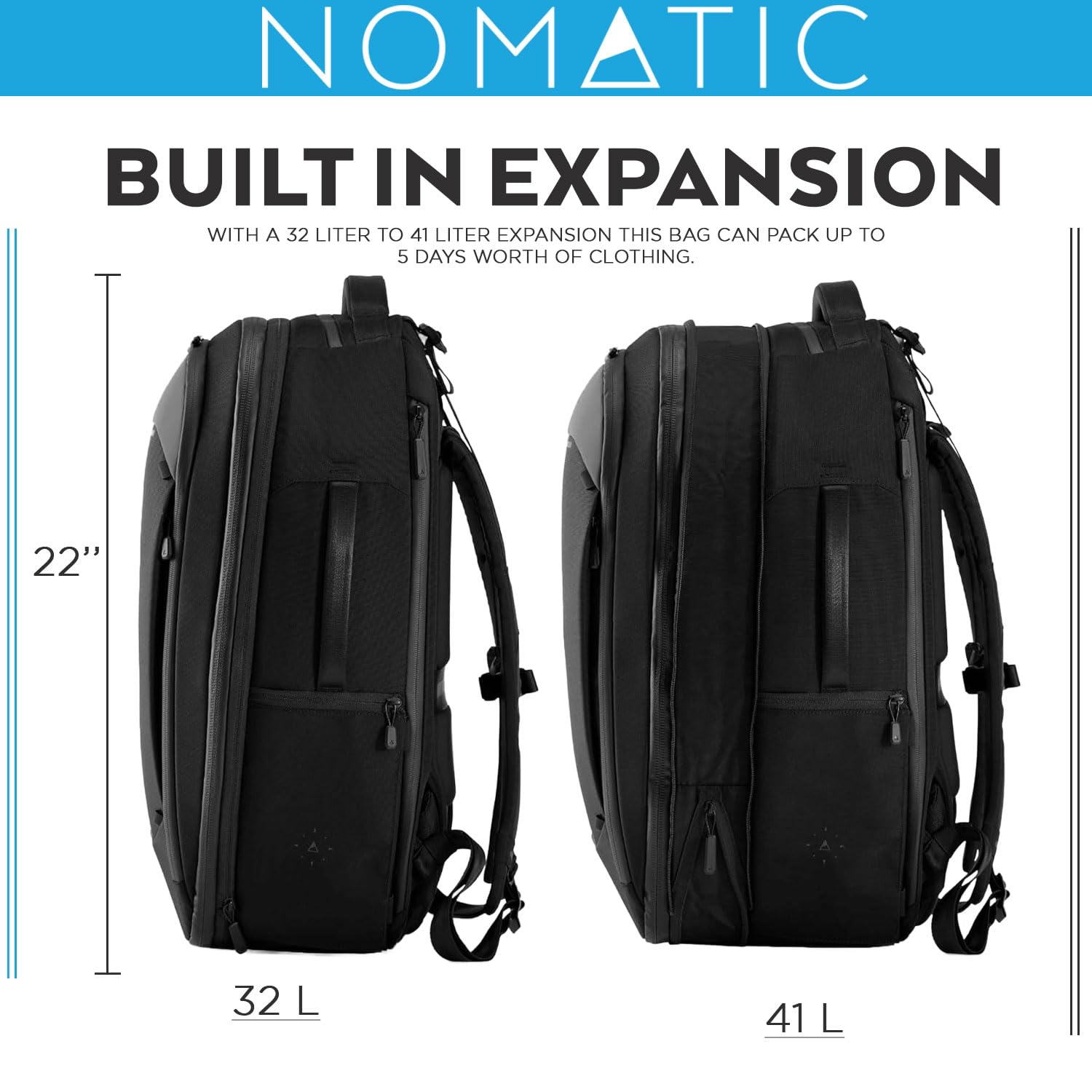 NOMATIC Navigator 32L Anti-Theft Travel Backpack with Laptop Compartment & 9L Expandable Storage - Water Resistant Carry-On Backpack for Business Trips, Commuting & Weekend Getaways (Black)