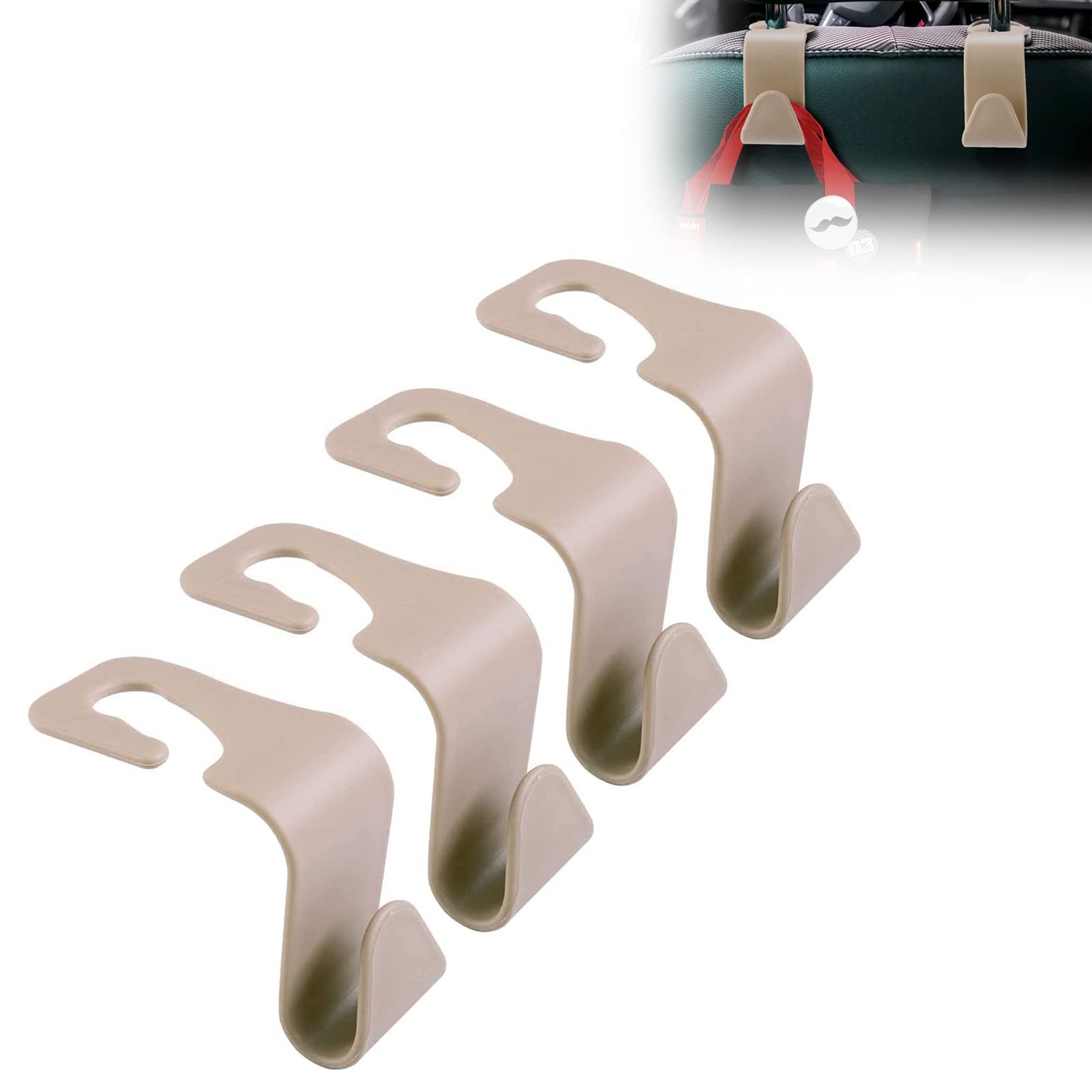 Premium Car Seat Headrest Hooks 4-Pack - Heavy Duty Beige Purse Hangers for Vehicles | Space-Saving Bag Holders for Purses, Groceries & Shopping Bags | Perfect for Road Trips, Commuting & Family Errands